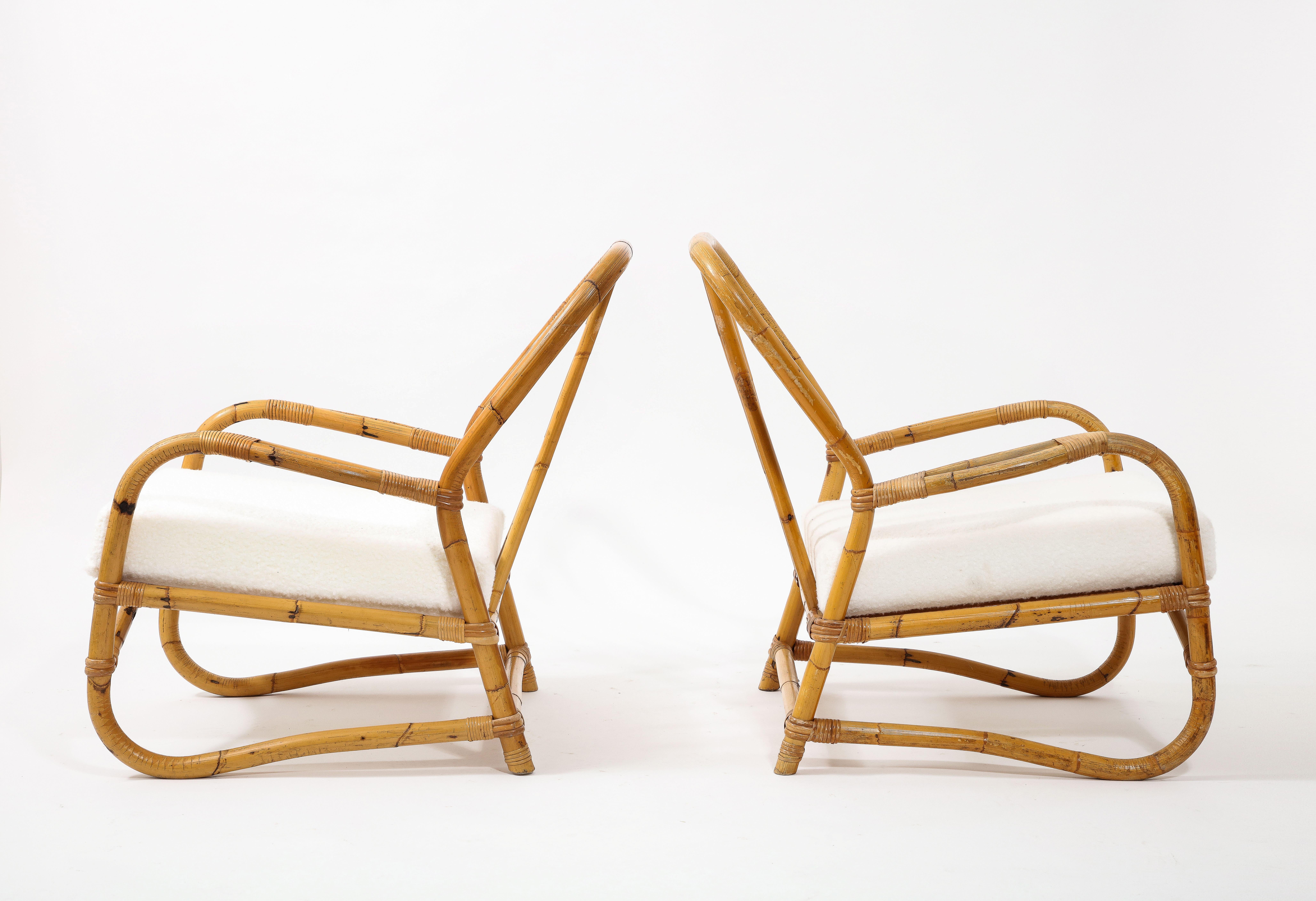 Louis Sognot Style Pair of Curved Bamboo Armchairs, France 1950's In Good Condition For Sale In New York, NY
