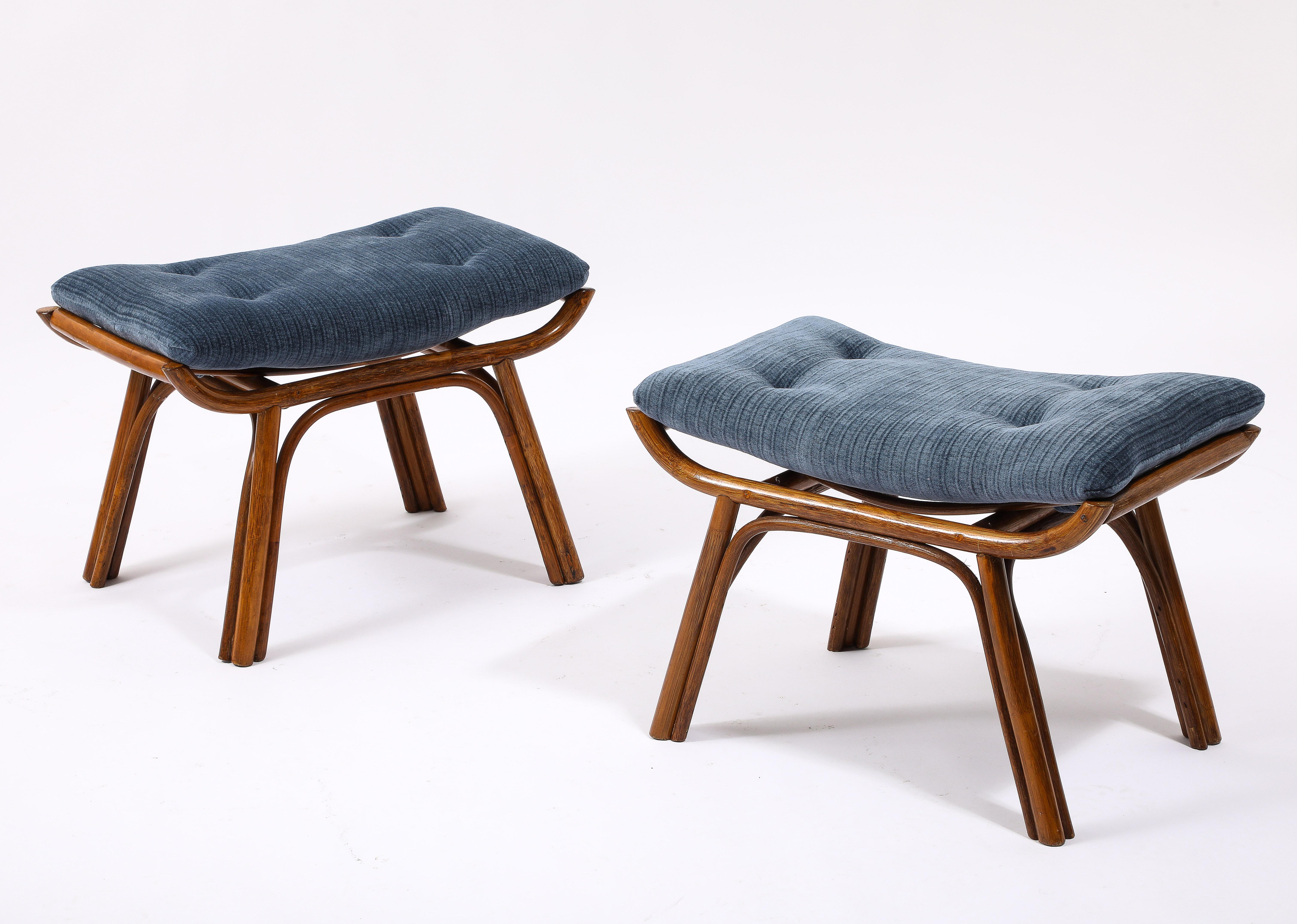 Pair of curved Bamboo stools upholstered in mohair.

