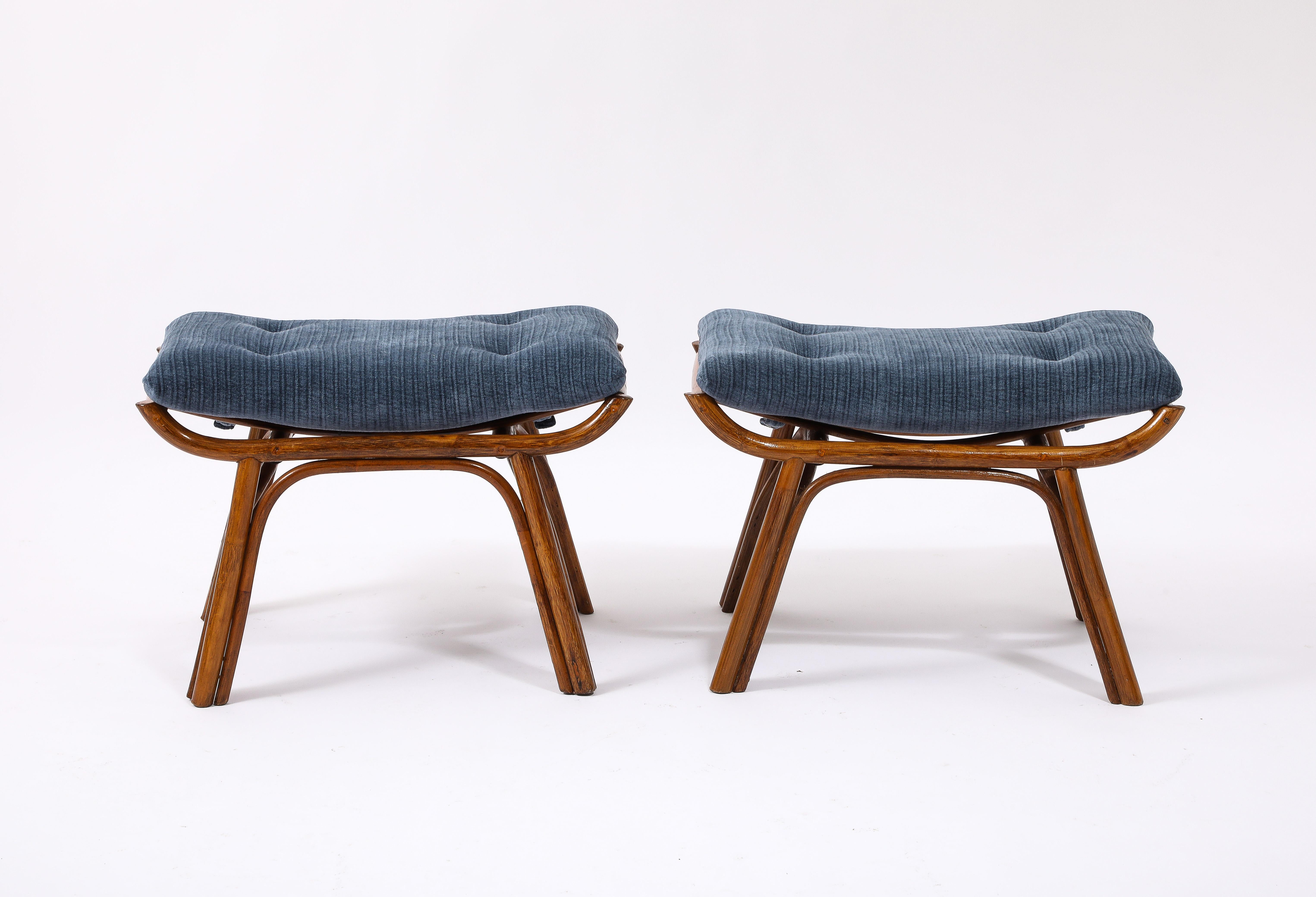 Mid-Century Modern Curved Bamboo Stools in Blue Mohair, France 1950's For Sale