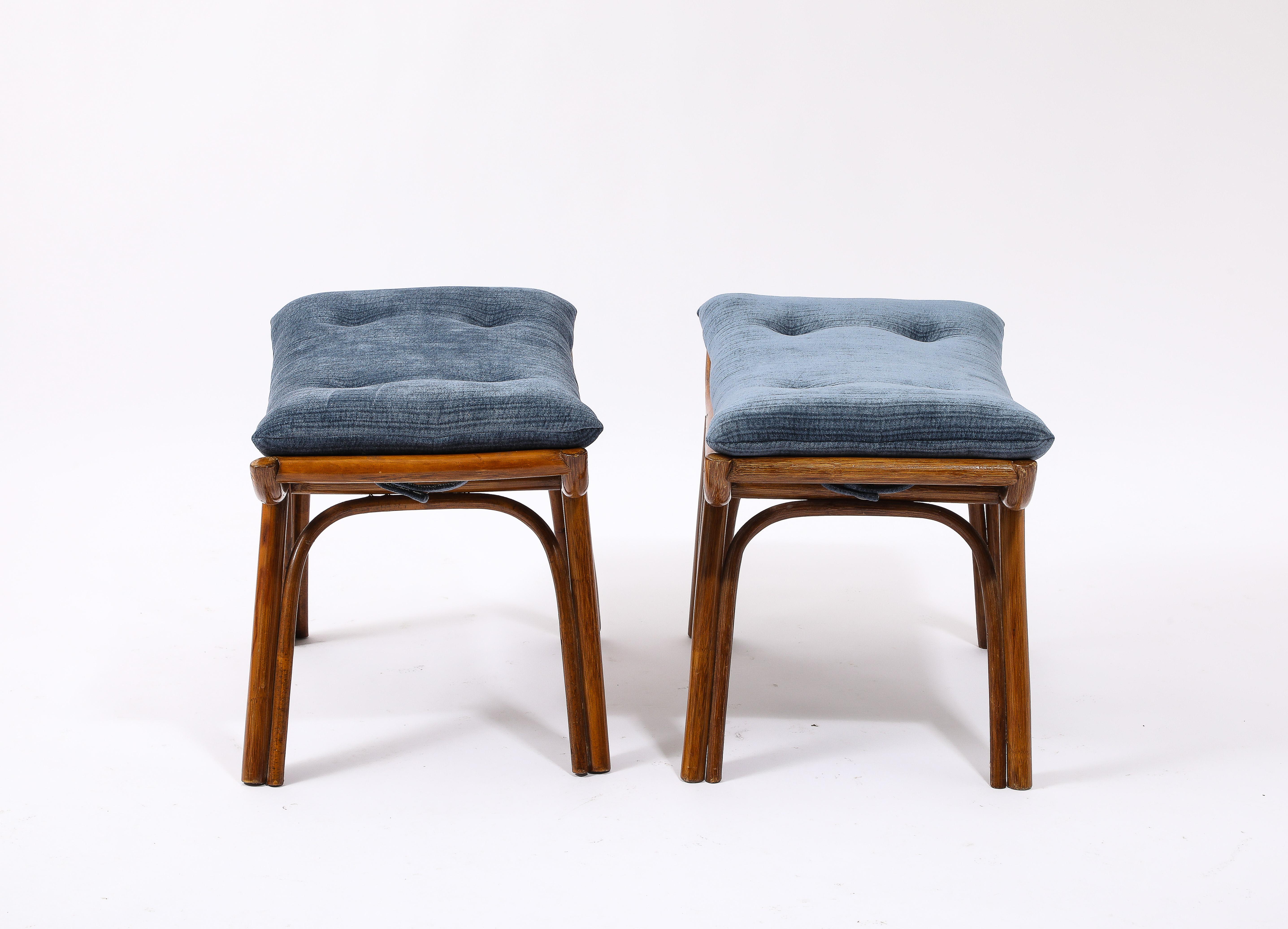 French Curved Bamboo Stools in Blue Mohair, France 1950's For Sale