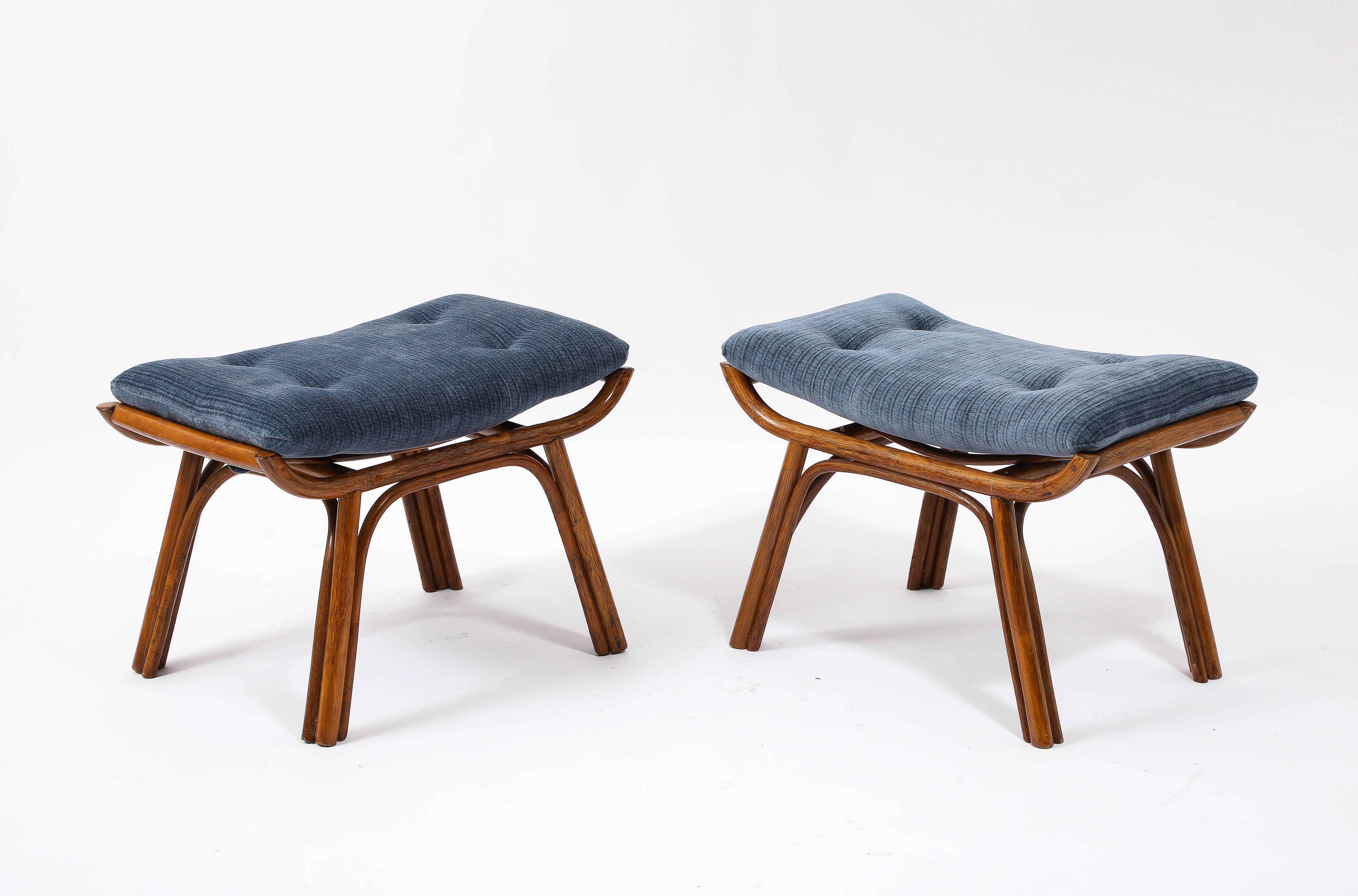 Curved Bamboo Stools in Blue Mohair, France 1950's In Good Condition For Sale In New York, NY