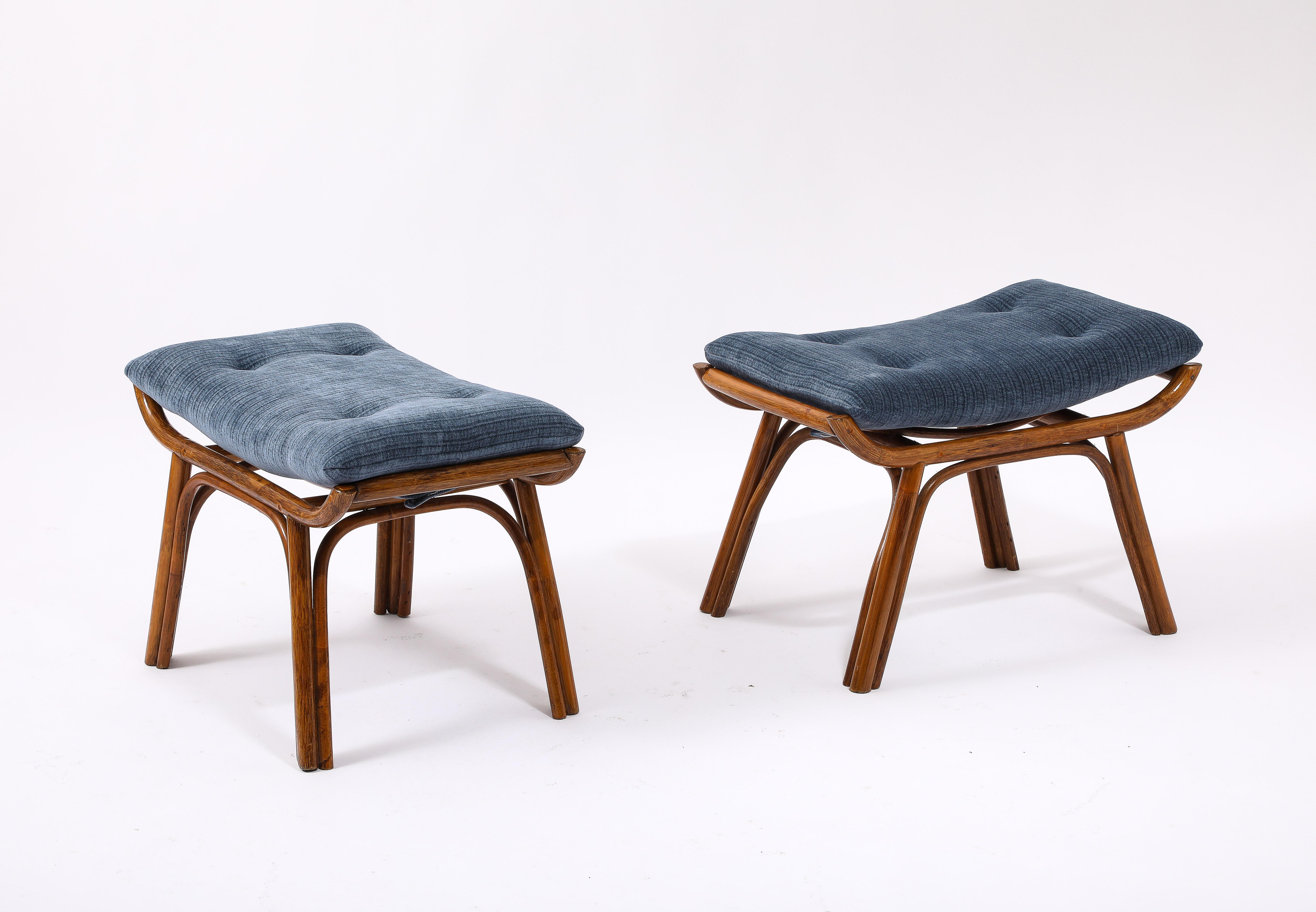 20th Century Curved Bamboo Stools in Blue Mohair, France 1950's For Sale
