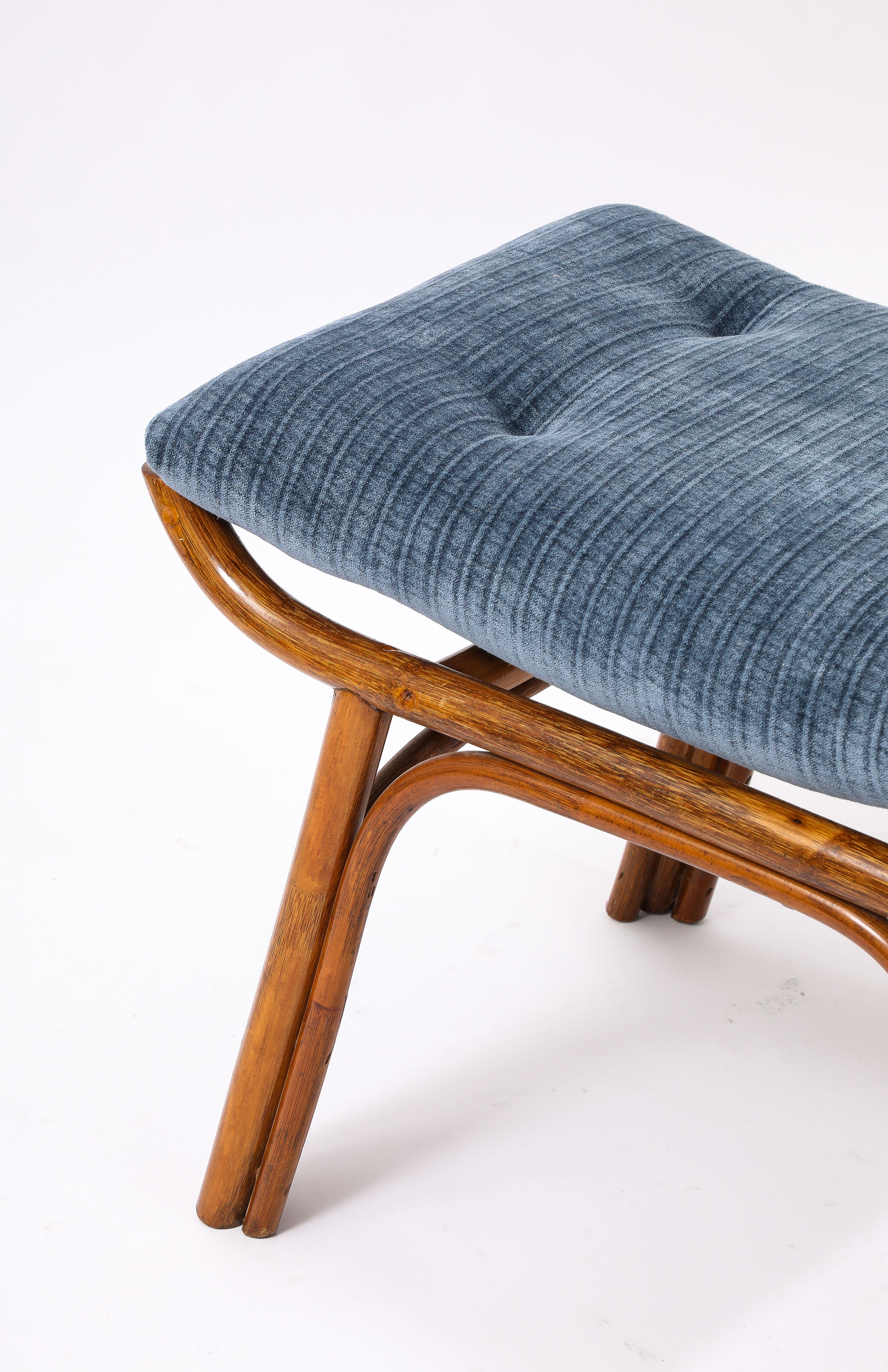 Curved Bamboo Stools in Blue Mohair, France 1950's For Sale 1