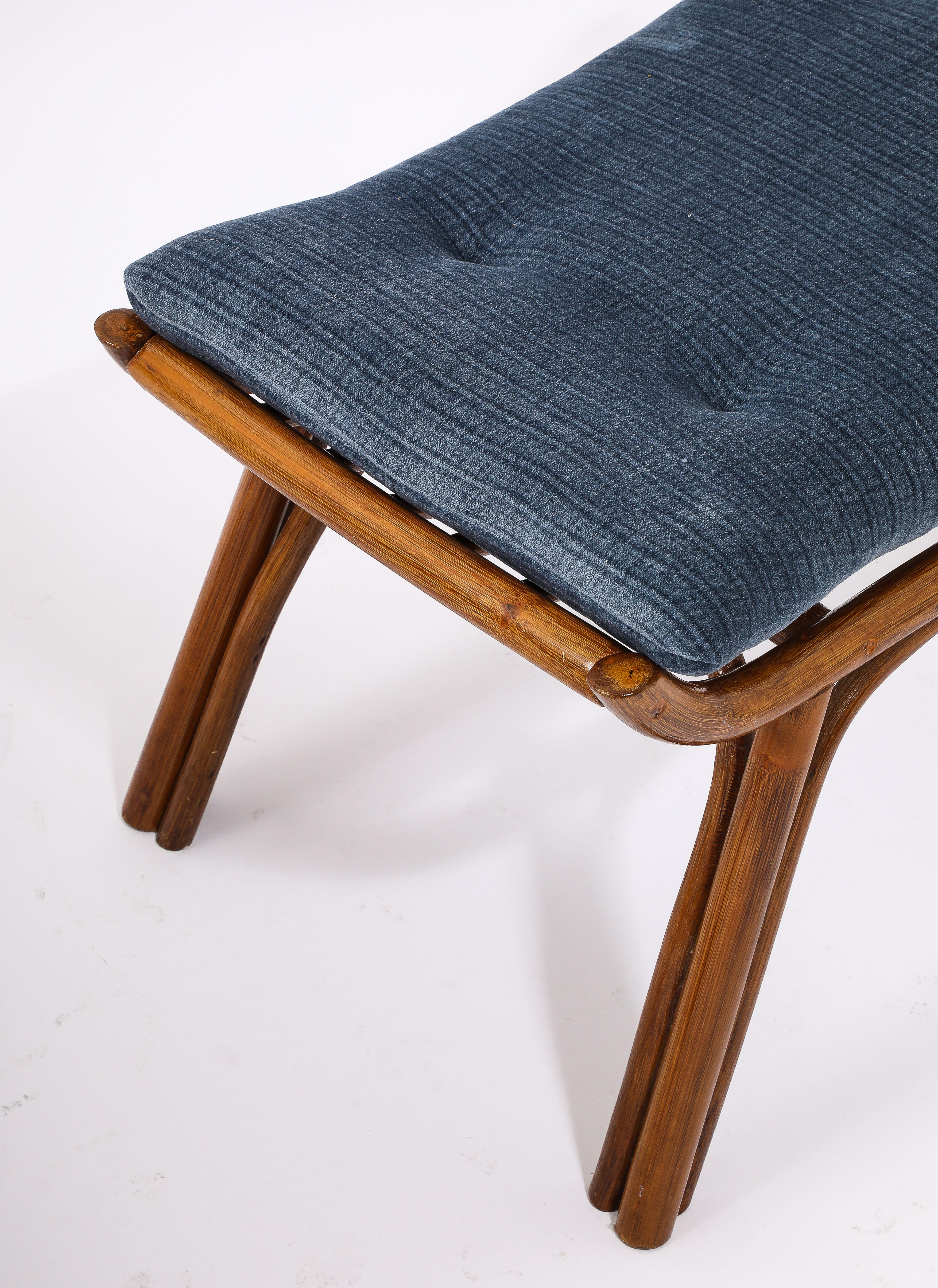 Curved Bamboo Stools in Blue Mohair, France 1950's For Sale 2
