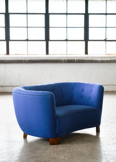 Curved Banana Shape Loveseat or Sofa Denmark, 1940s in Blue Wool