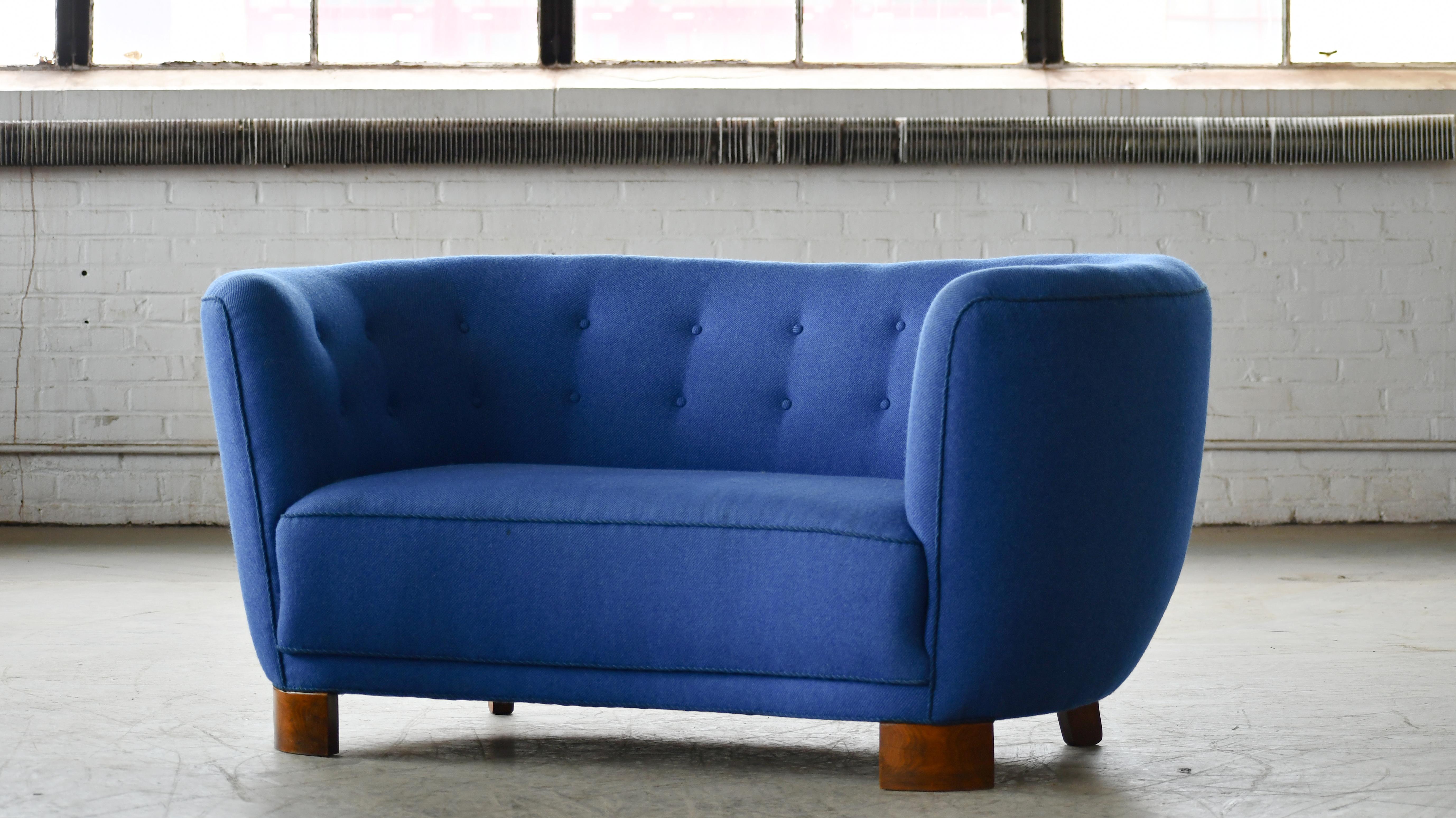 Art Deco Curved Banana Shape Loveseat or Sofa Denmark, 1940s in Blue Wool