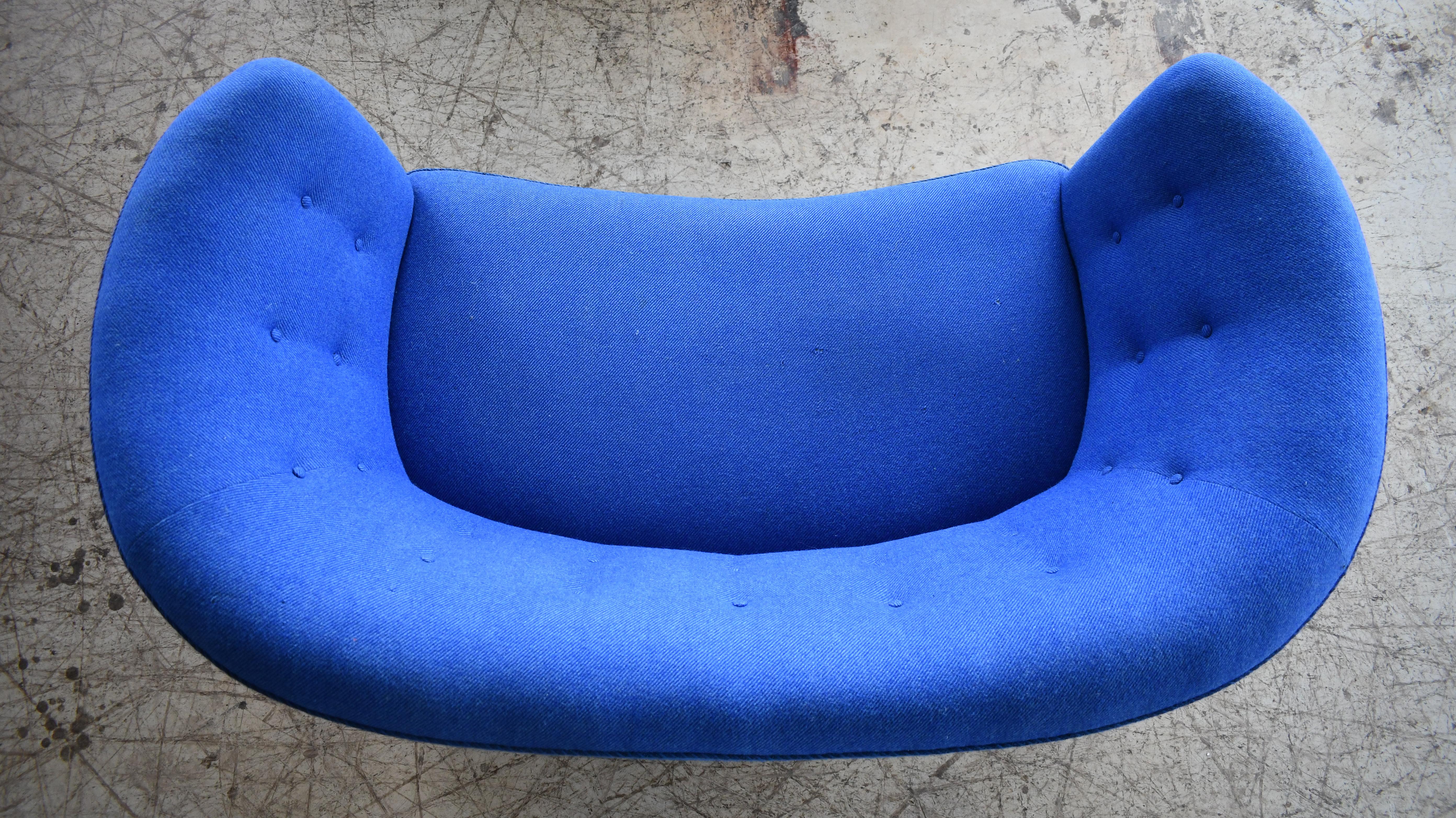 Danish Curved Banana Shape Loveseat or Sofa Denmark, 1940s in Blue Wool