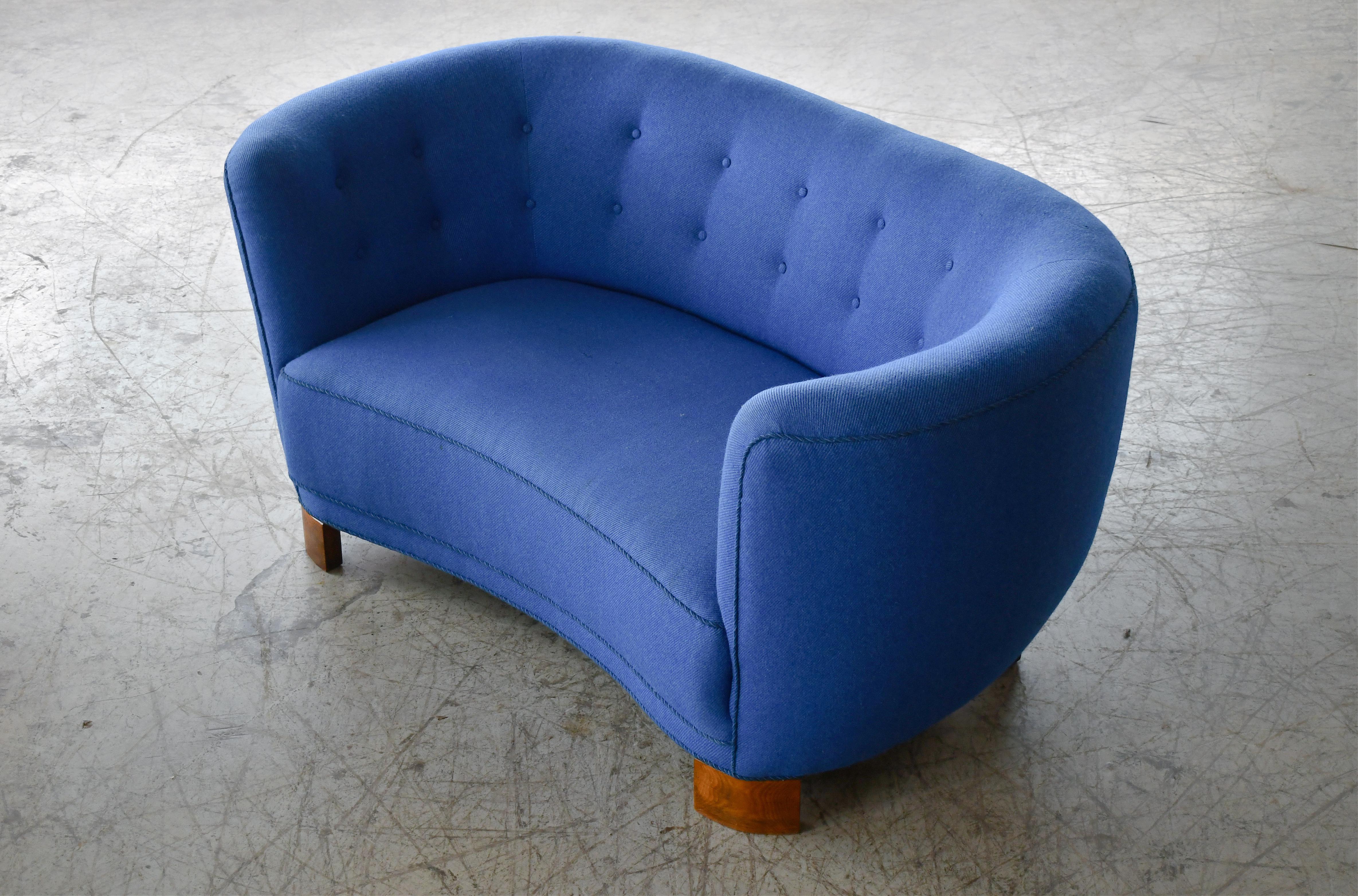 Mid-20th Century Curved Banana Shape Loveseat or Sofa Denmark, 1940s in Blue Wool