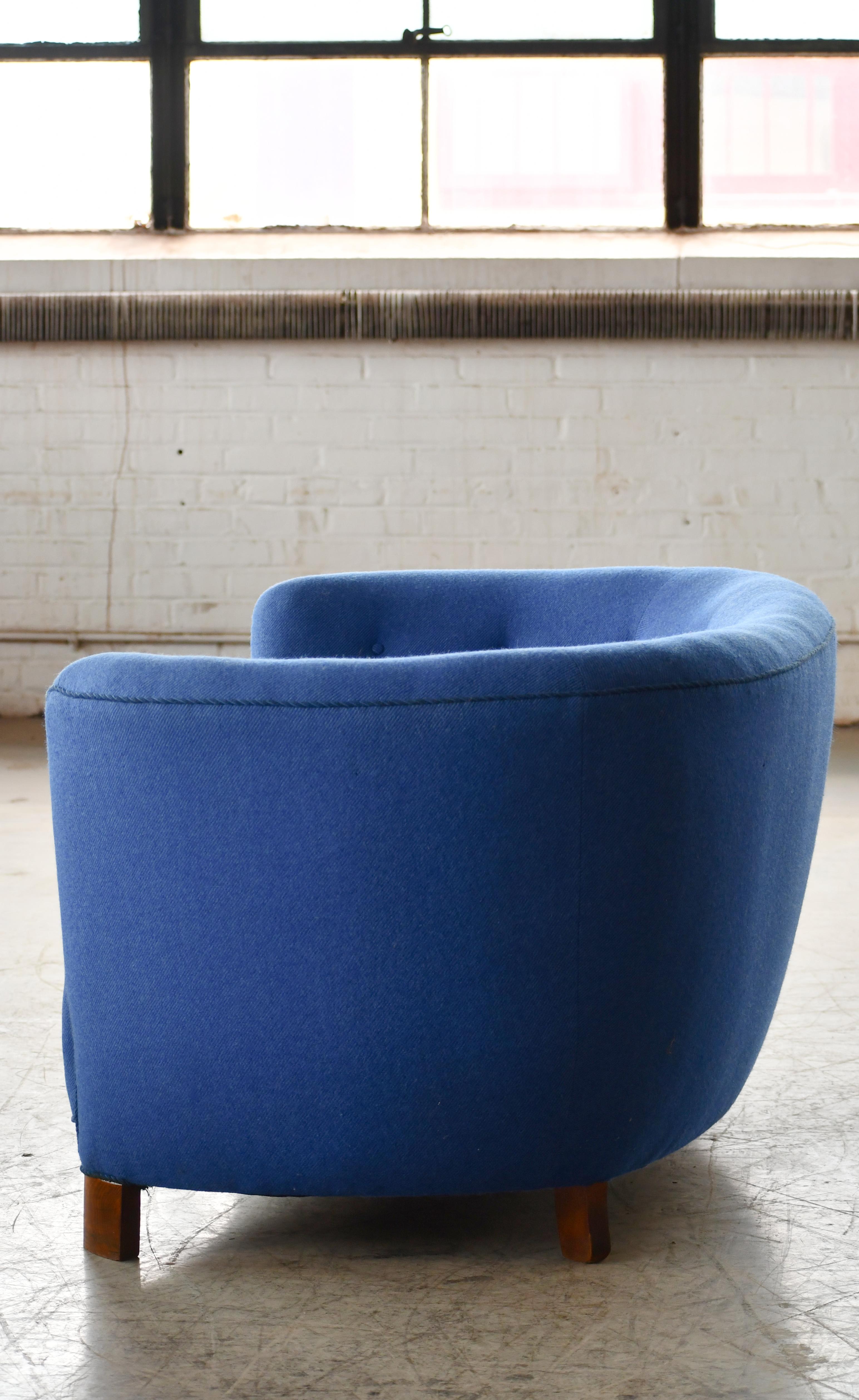 Curved Banana Shape Loveseat or Sofa Denmark, 1940s in Blue Wool 1