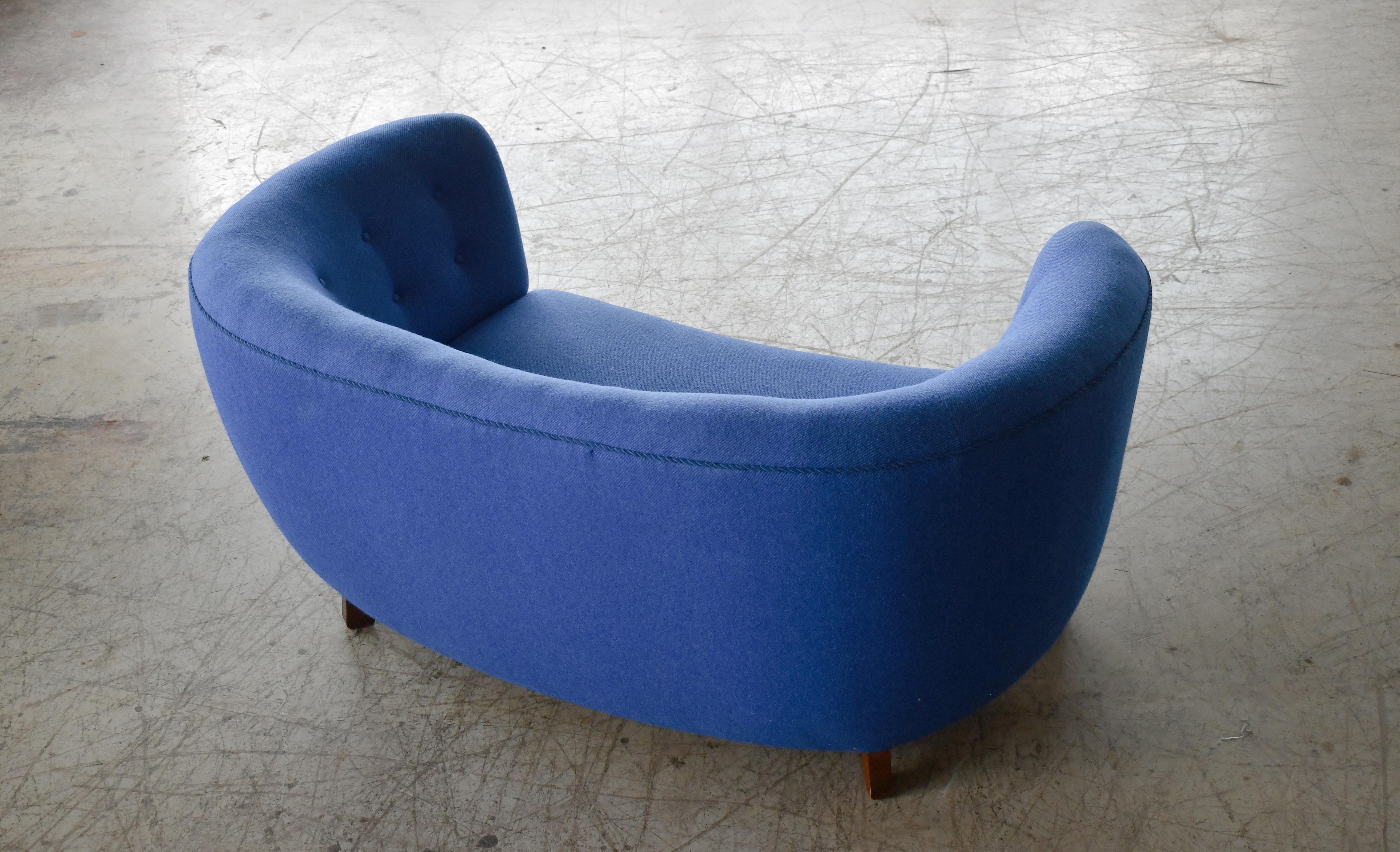 Curved Banana Shape Loveseat or Sofa Denmark, 1940s in Blue Wool 2