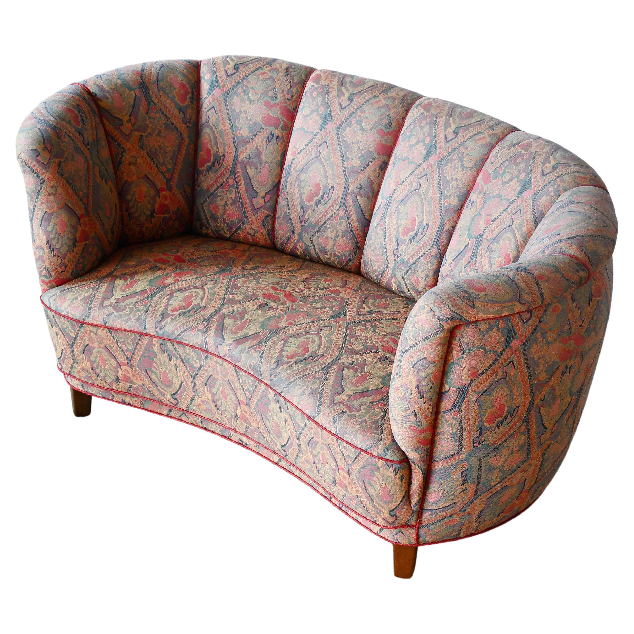 Curved Banana Shape Loveseat or Sofa in Floral Wool, Denmark 1940s  For Sale