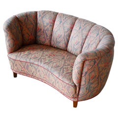 Curved Banana Shape Loveseat or Sofa in Floral Wool, Denmark 1940s 