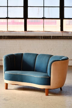 Curved Banana Shape Loveseat or Sofa in Two-Tone Wool, Denmark, 1940s