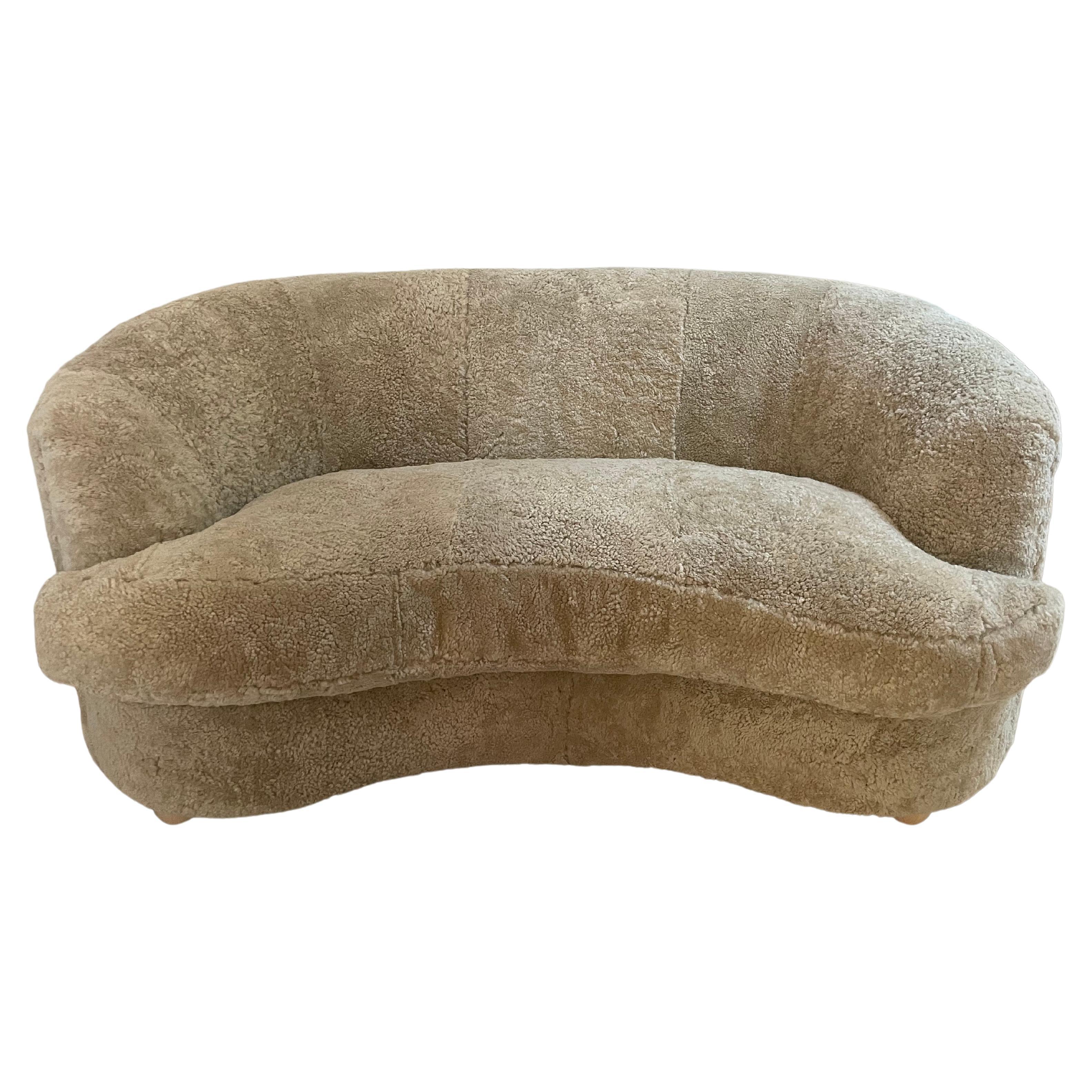 Curved 'Banana' Sofa in Amber-toned Brown Shearling  For Sale