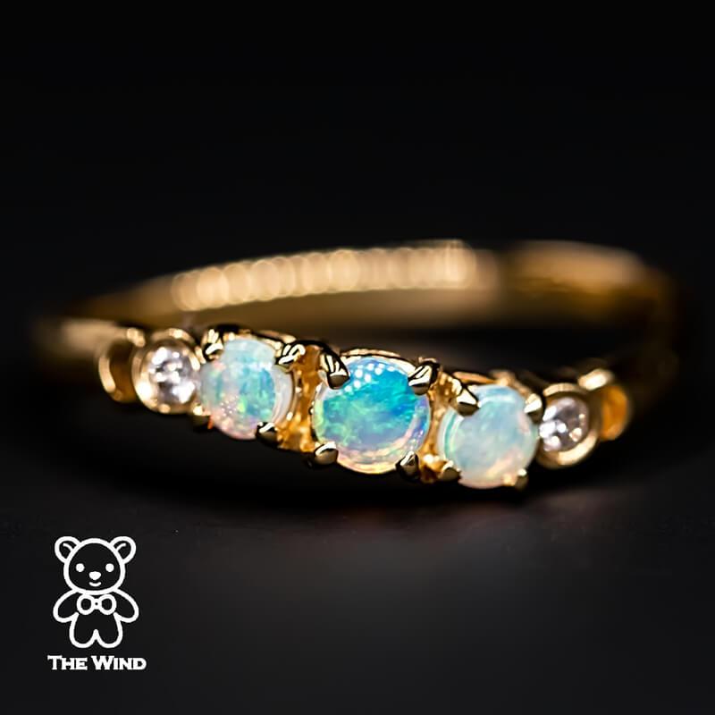 Round Cut Curved Band Australian Solid Round Opal Diamond Band 14K Yellow Gold For Sale