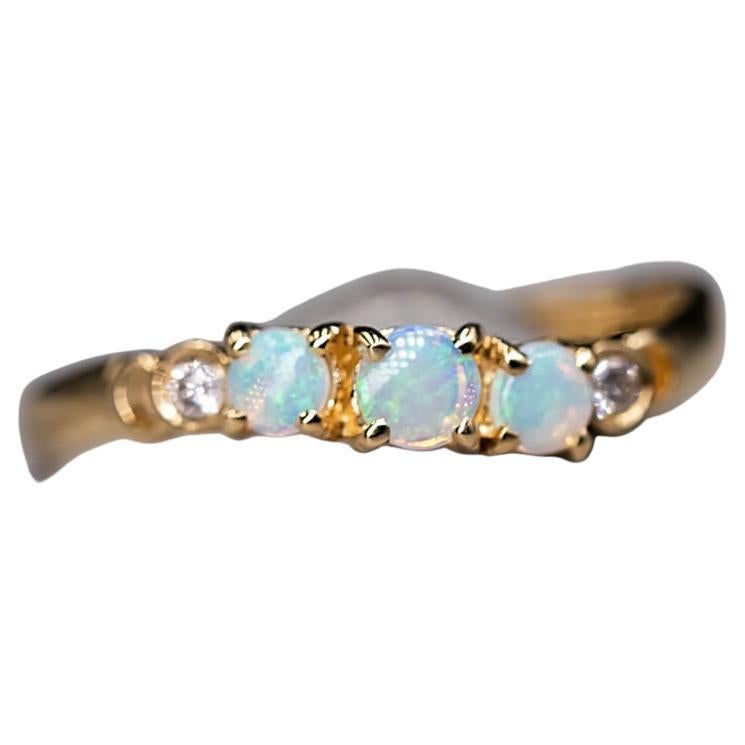 Curved Band Australian Solid Round Opal Diamond Band 14K Yellow Gold For Sale