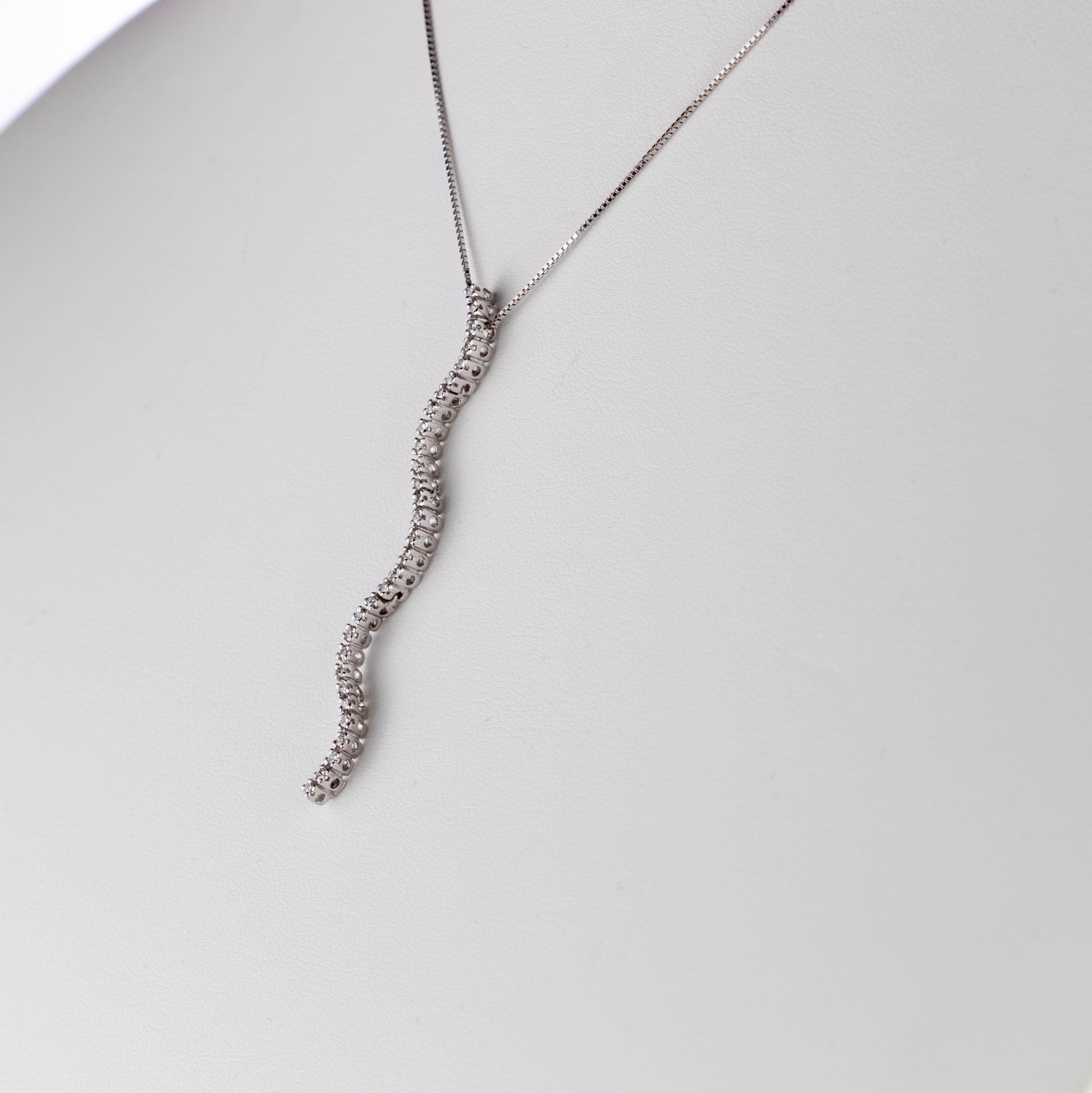 Modern Curved Bar Diamond 18k White Gold Pendant Chain Serpent Snake Crafted Necklace For Sale