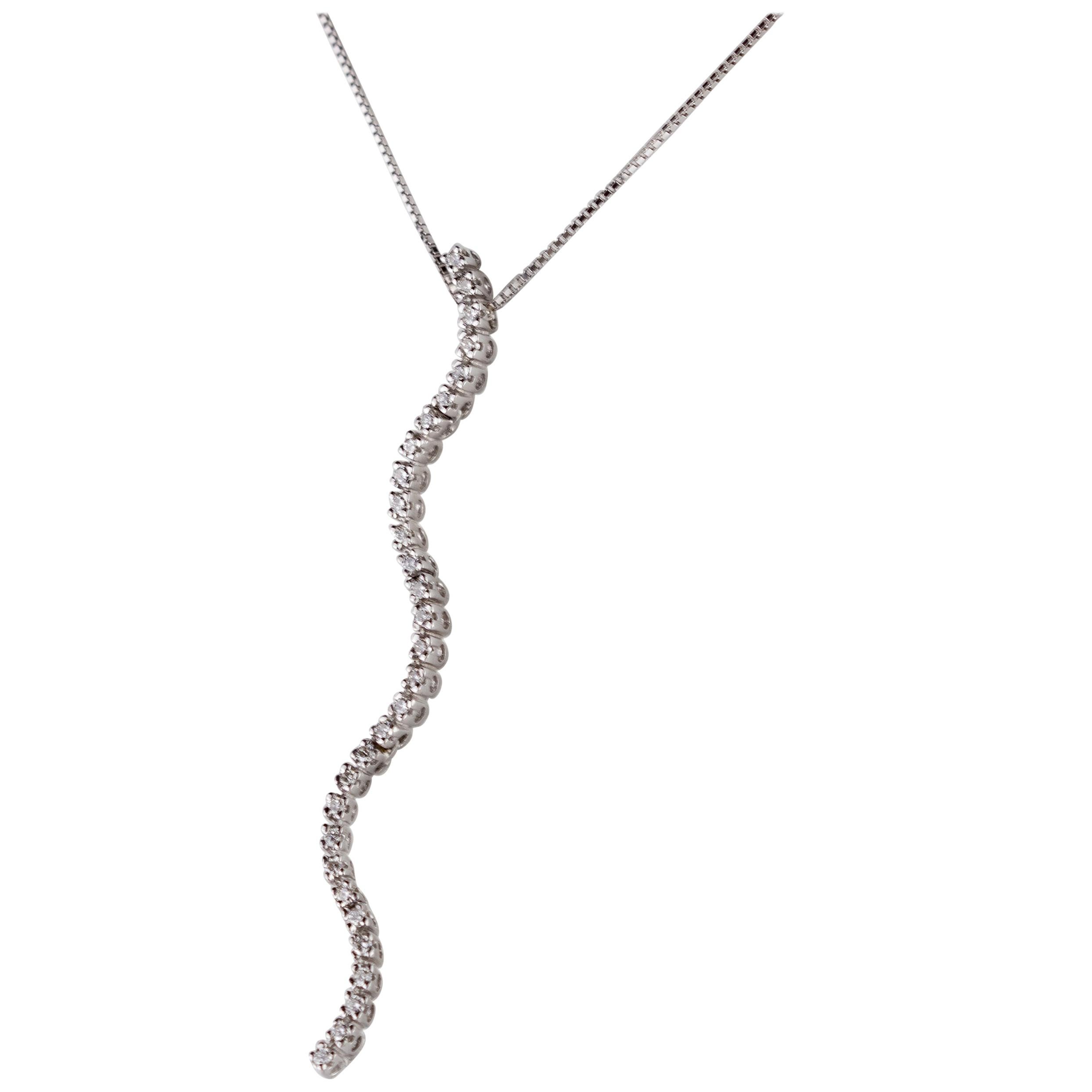 Curved Bar Diamond 18k White Gold Pendant Chain Serpent Snake Crafted Necklace For Sale