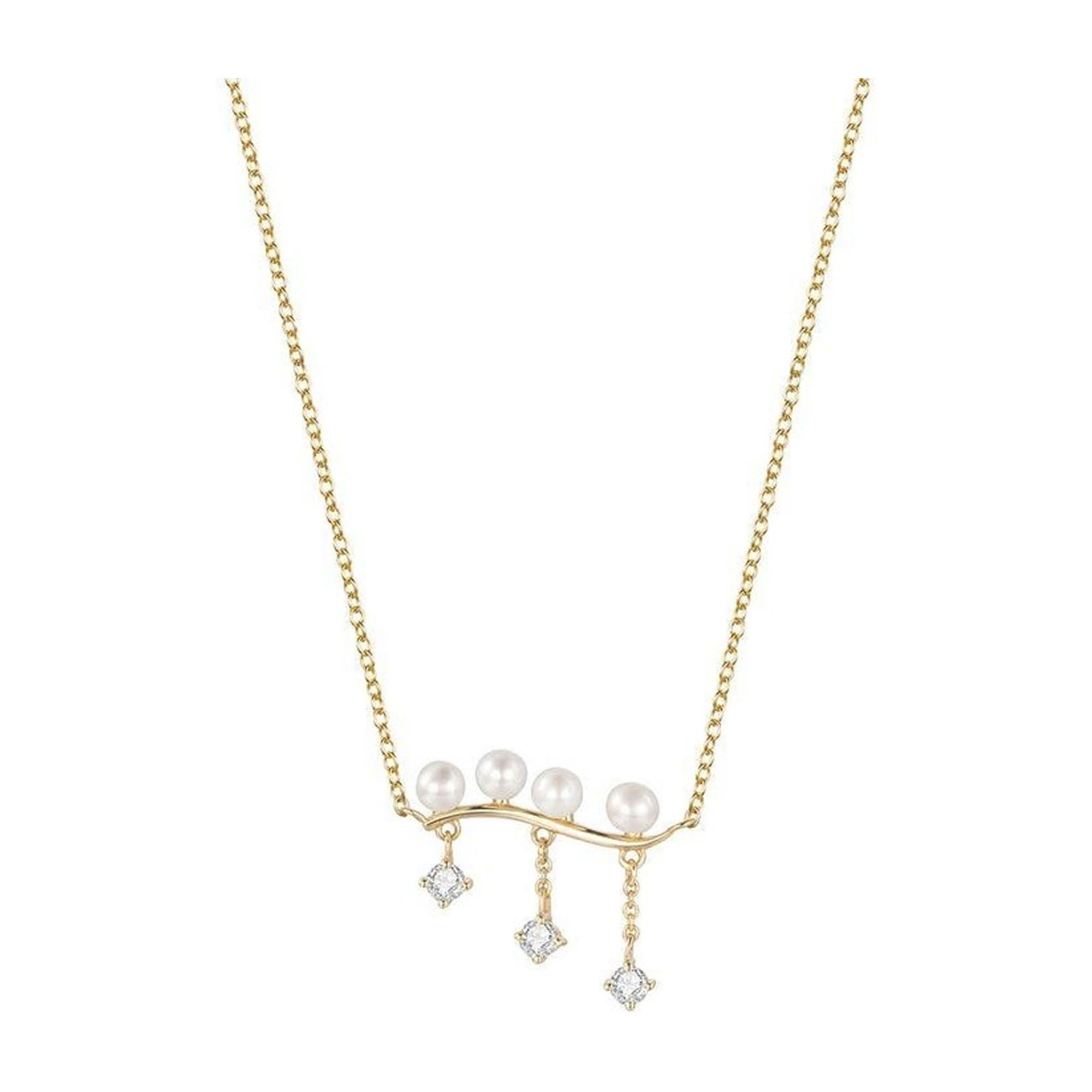 Curved Bar Pearl Round Diamond 14K Yellow Gold Necklace