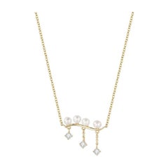 Curved Bar Pearl Round Diamond 14K Yellow Gold Necklace