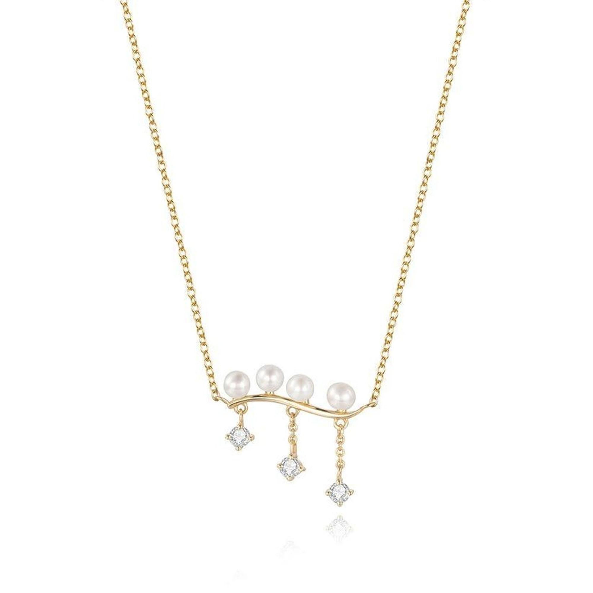 Curved Bar Pearl Round Diamond 14K Yellow Gold Necklace