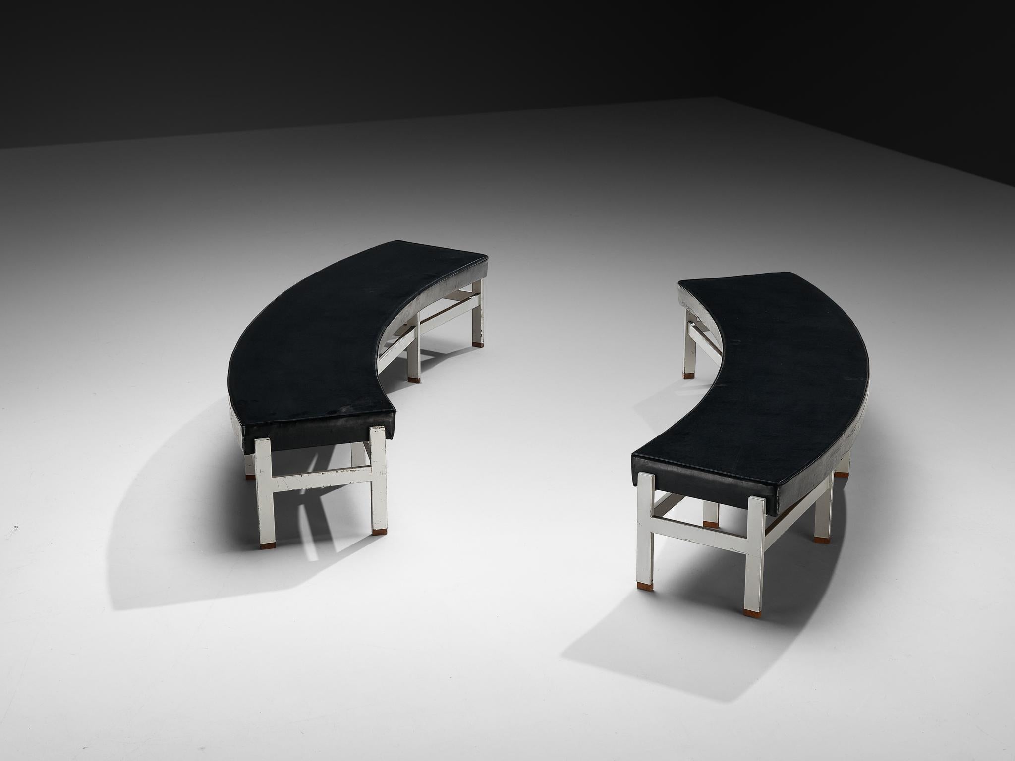 Curved benches, lacquered metal, faux leather, teak, Europe, 1970s.

A set of benches revolving around a geometric, solid and strict construction. Yet combined with the curved top, it forms a wonderful visual contrast. The benches form a blend of