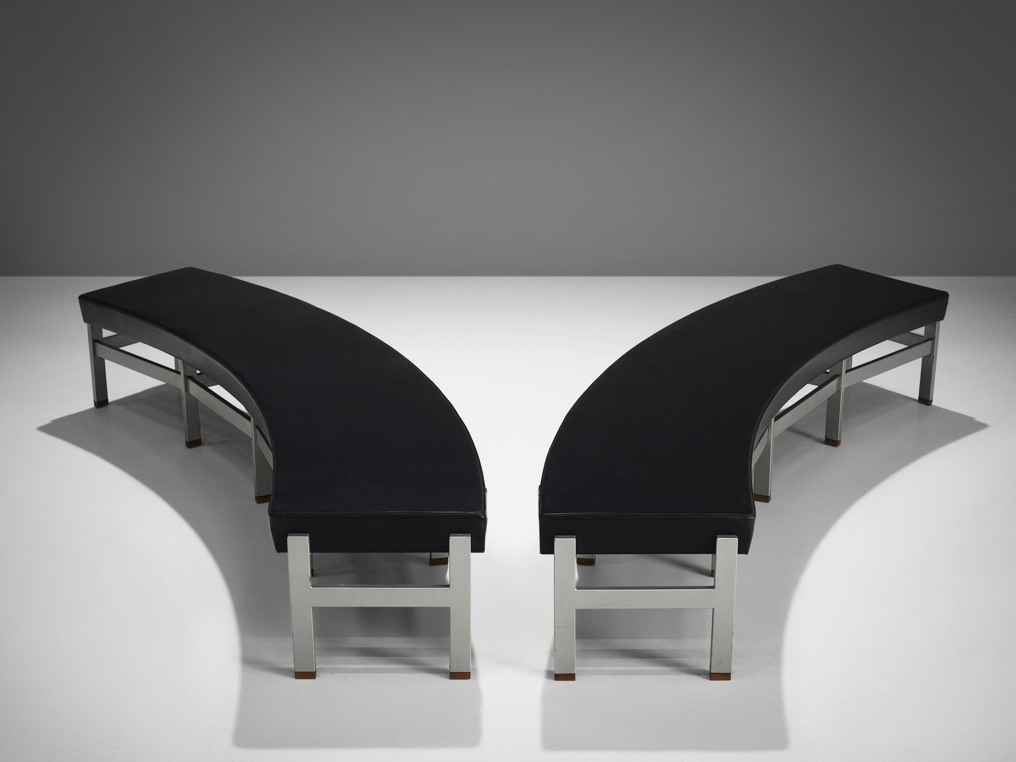 European Curved Benches in Black Upholstery and Metal  For Sale