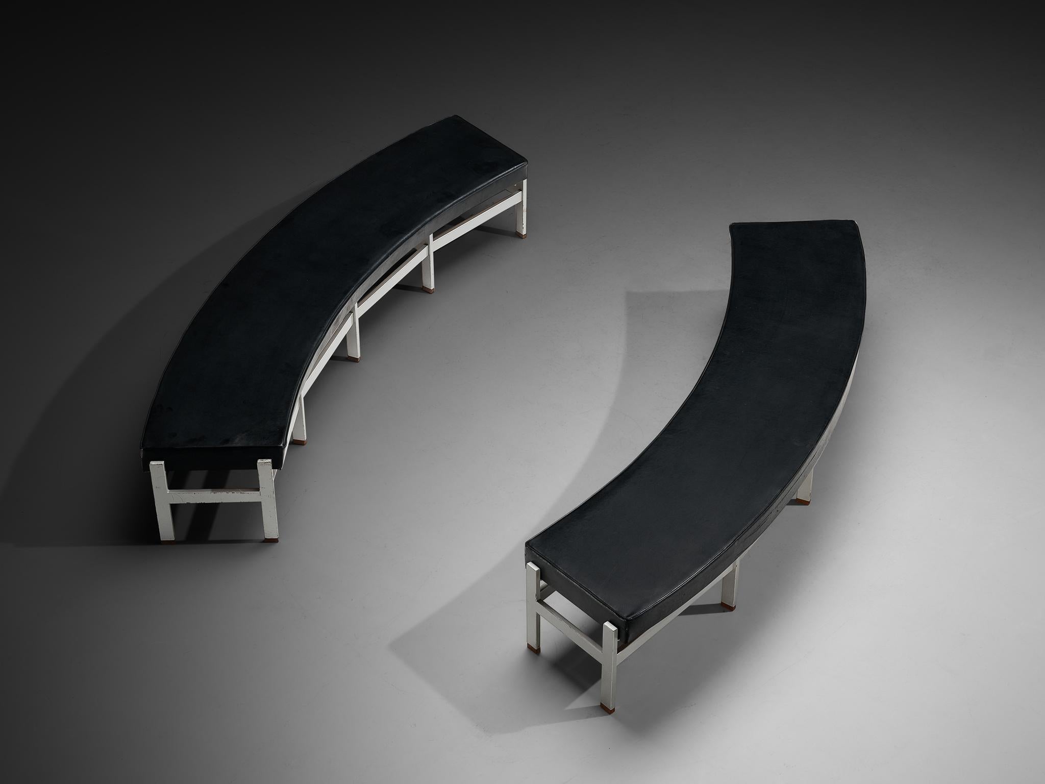 Late 20th Century Curved Benches in Black Upholstery and Metal For Sale