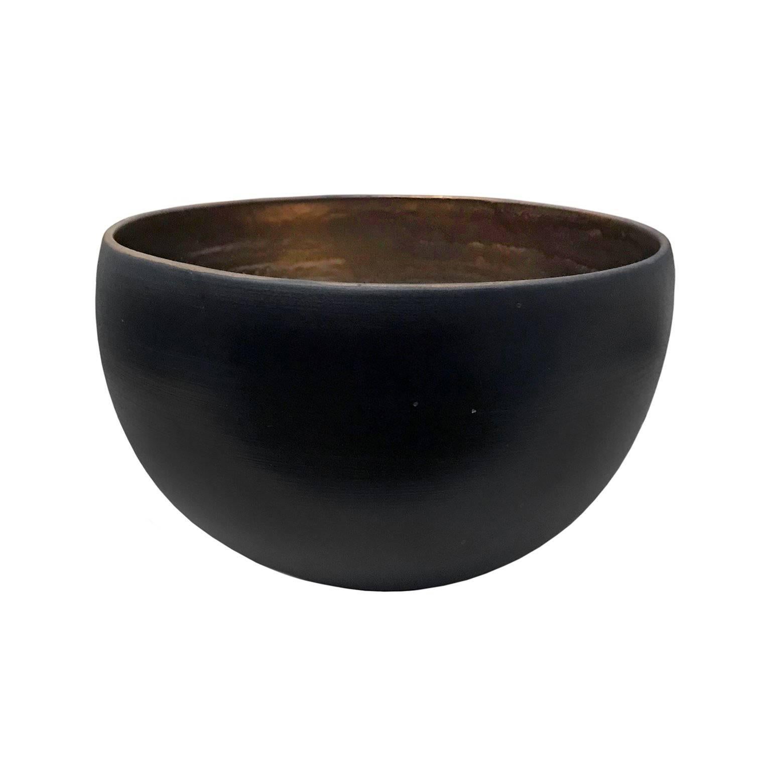 Curved Black Ceramic Bowl with Gold Glaze Interior by Sandi Fellman For Sale