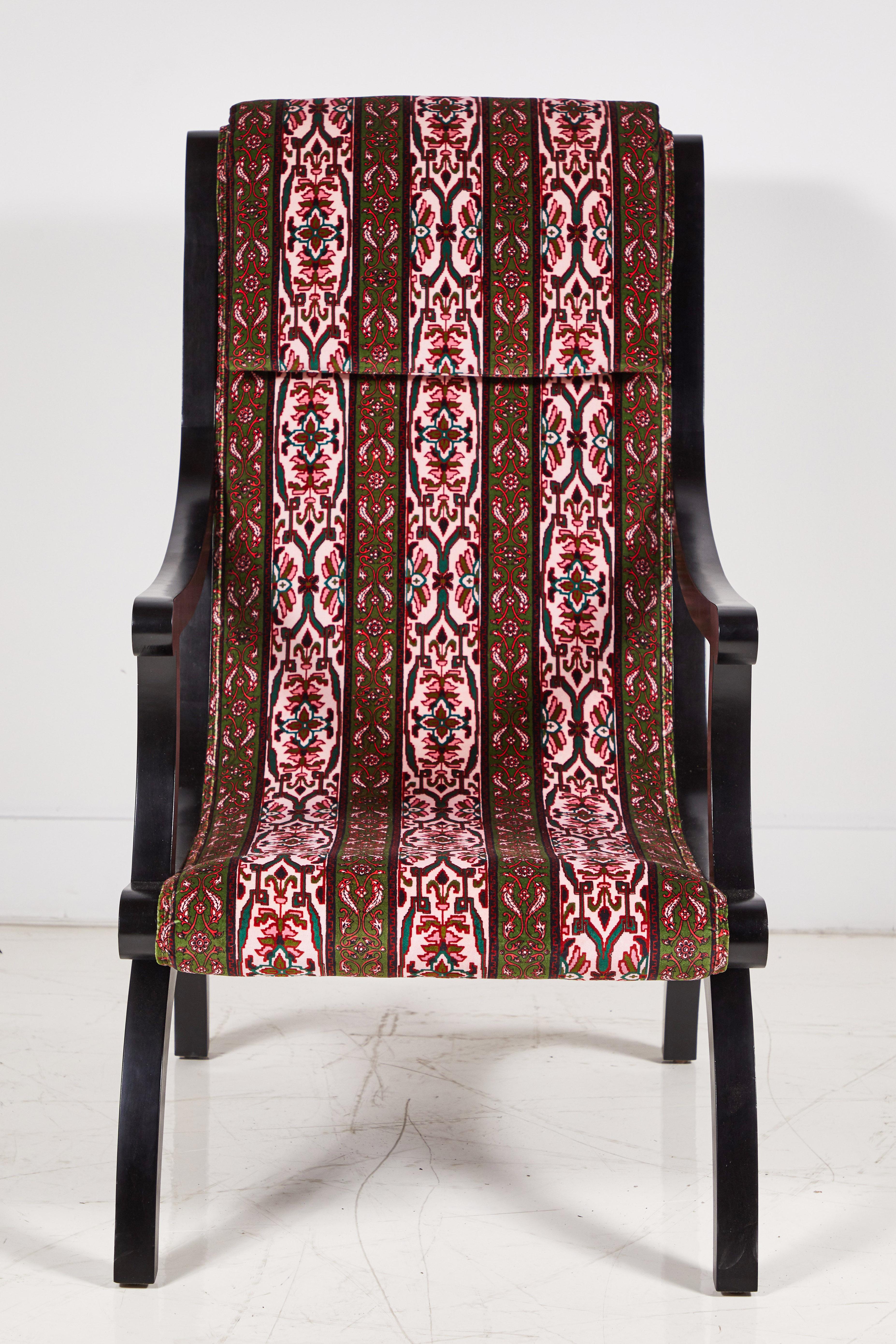 Contemporary Curved Black Framed Tall Arm Chair Upholstered in House of Hackney Velvet Fabric