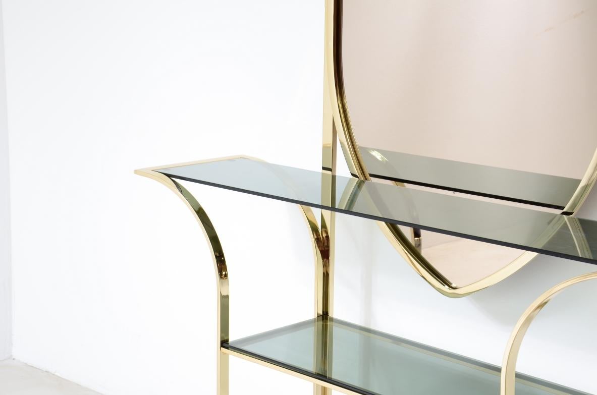 Mid-Century Modern Curved brass console table with mirror  For Sale
