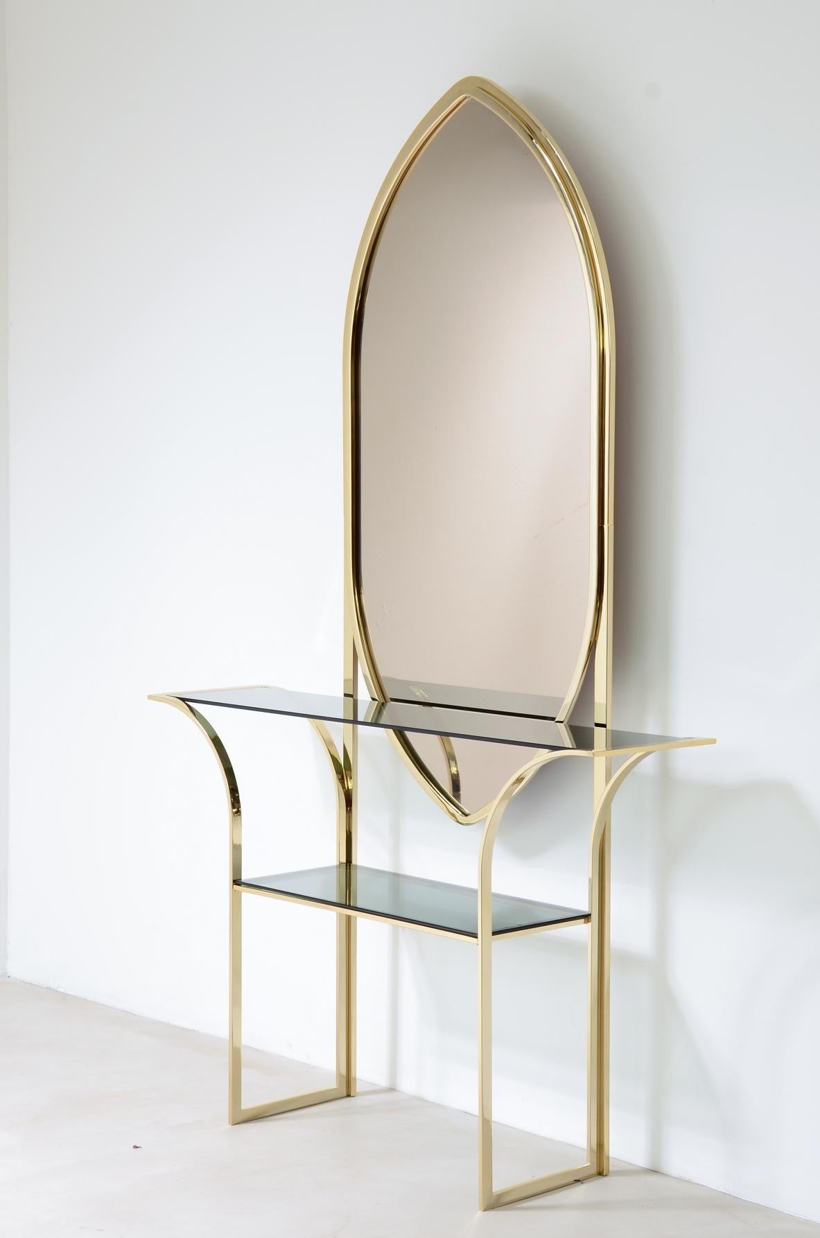 20th Century Curved brass console table with mirror  For Sale