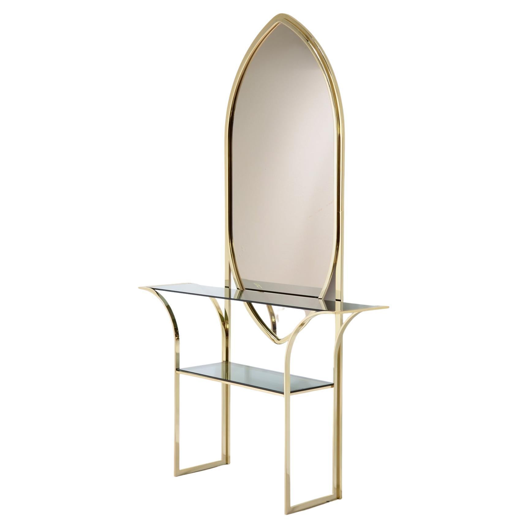 Curved brass console table with mirror  For Sale