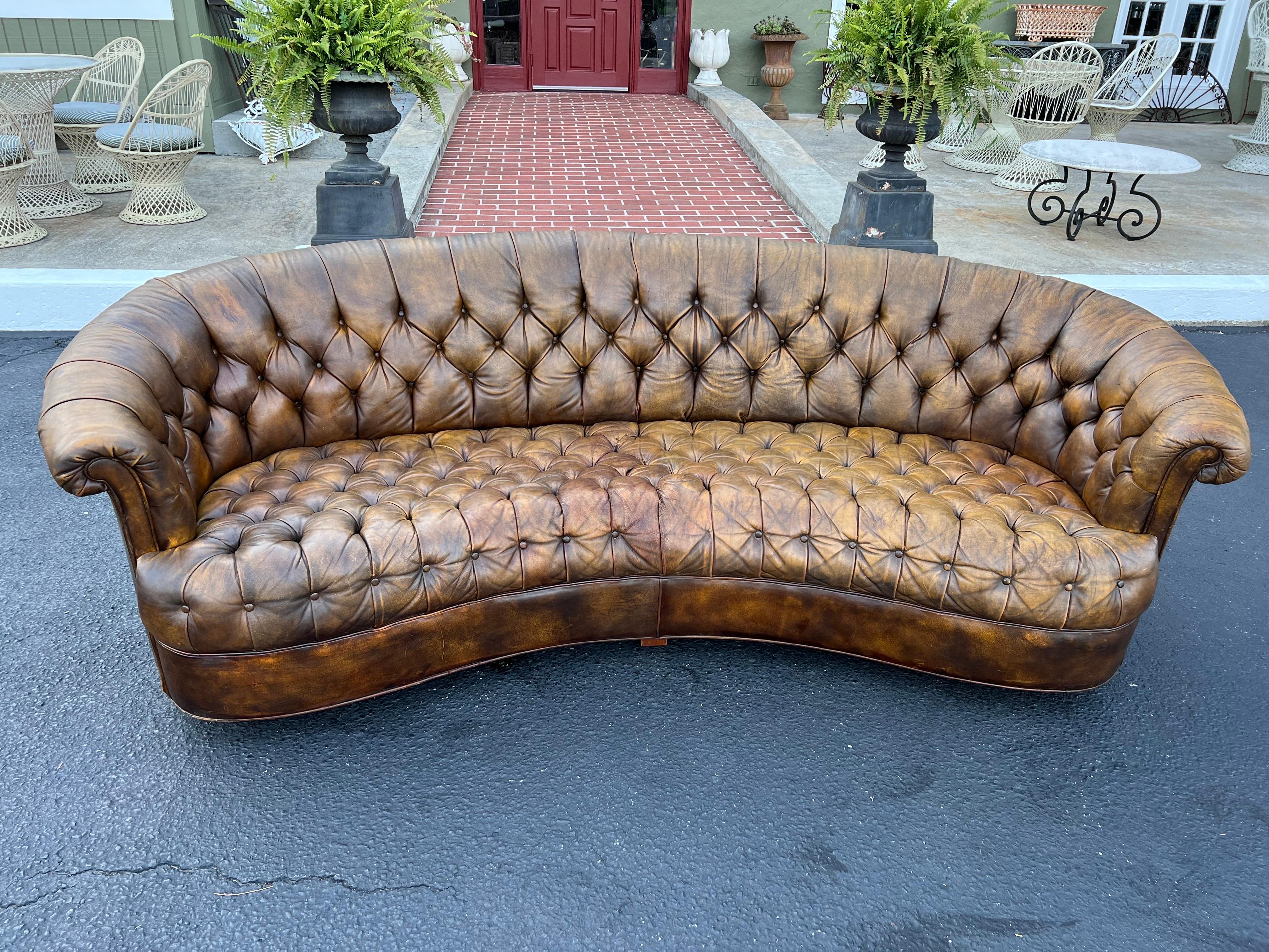Curved Brown Leather Chesterfield Sofa 4