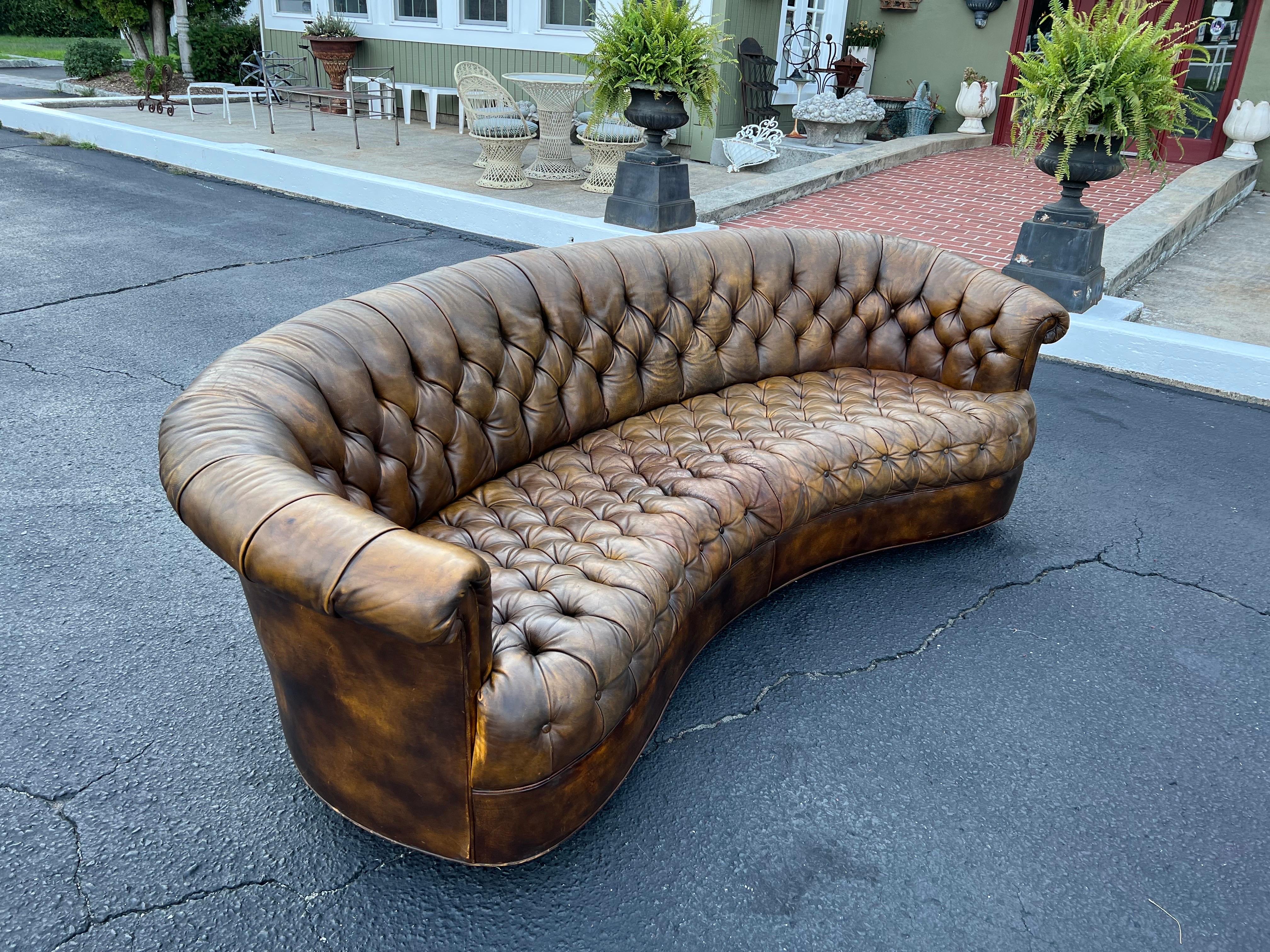 Curved Brown Leather Chesterfield Sofa 6