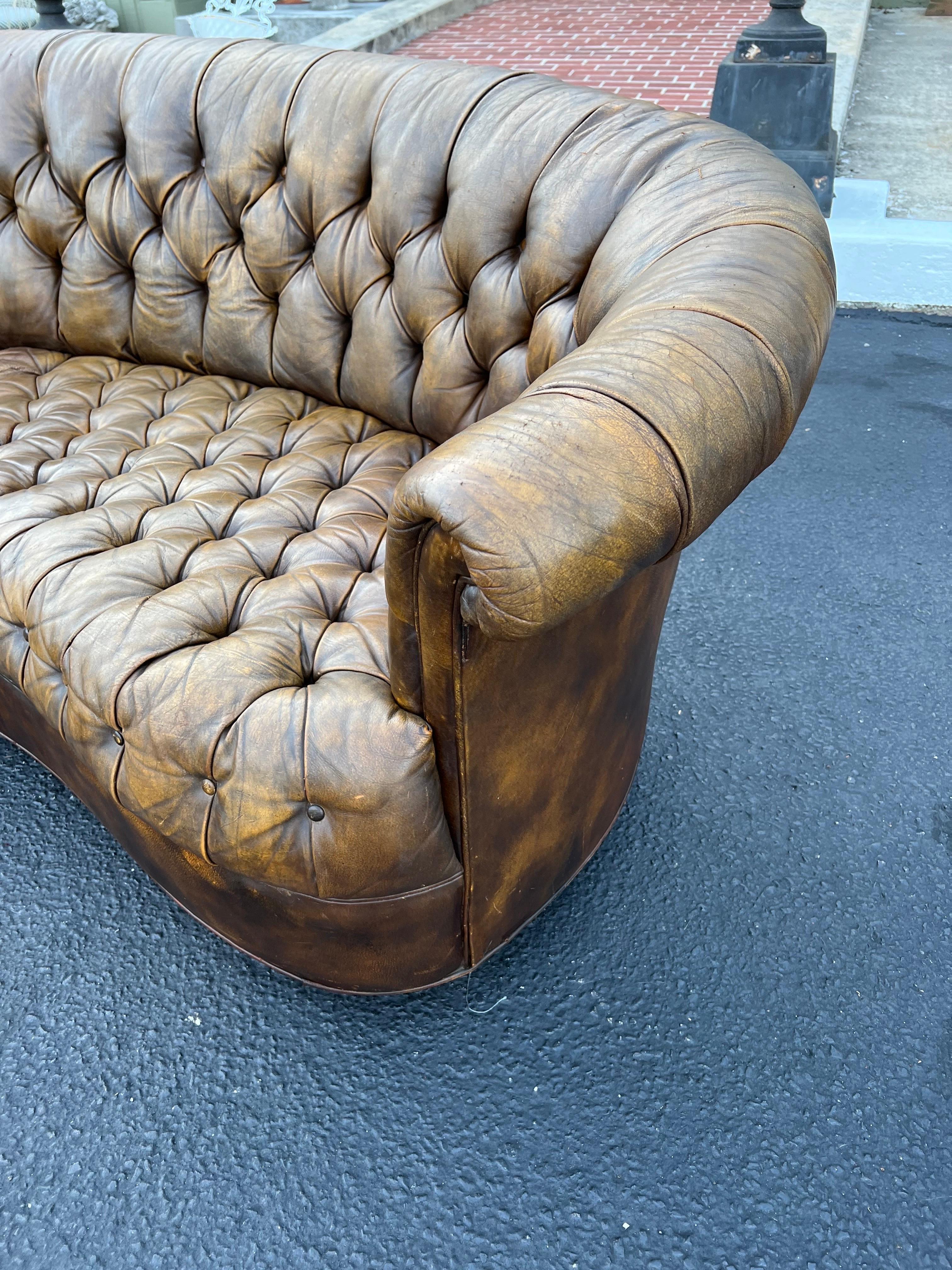 Curved Brown Leather Chesterfield Sofa 8