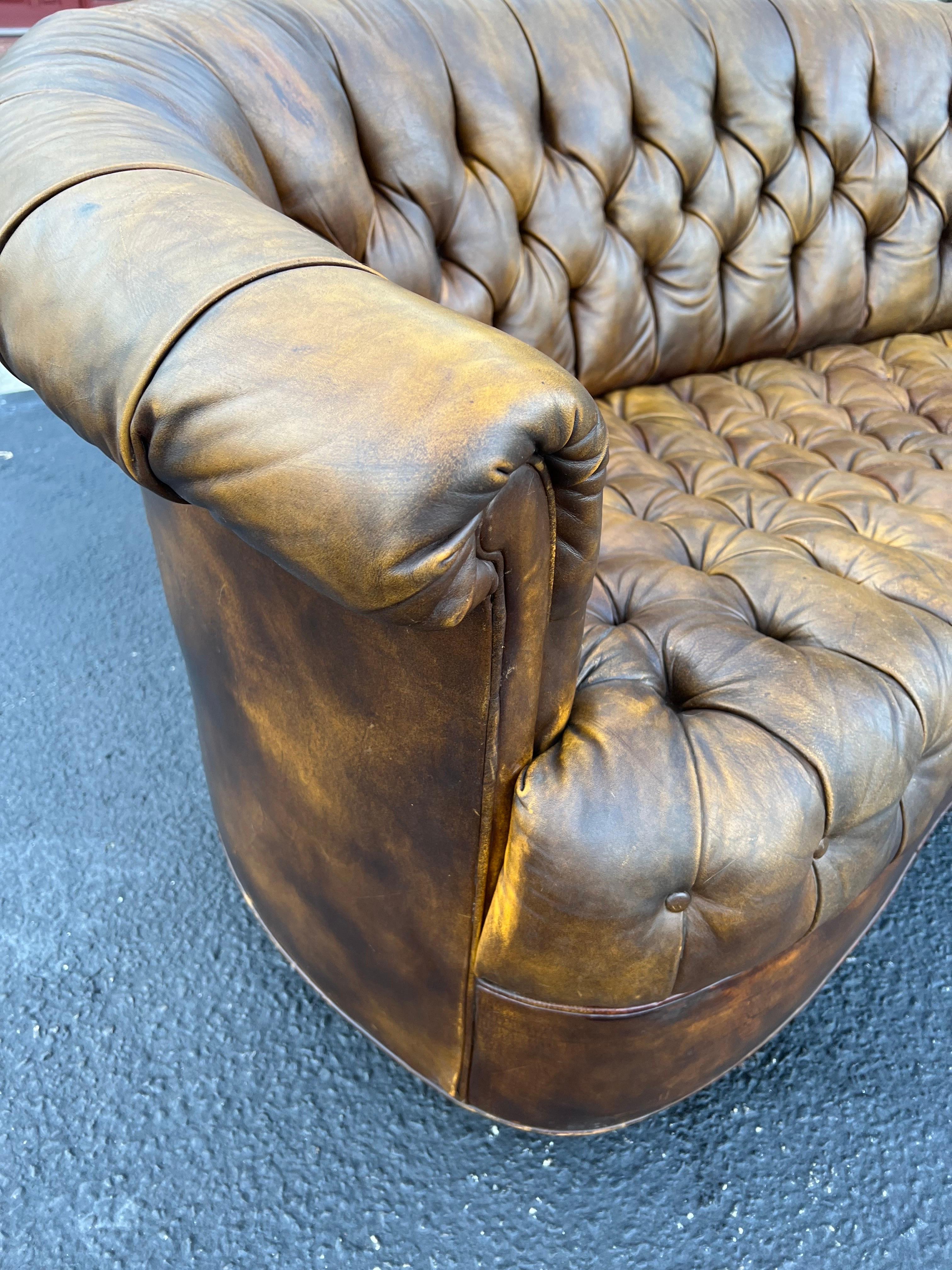 Curved Brown Leather Chesterfield Sofa 9