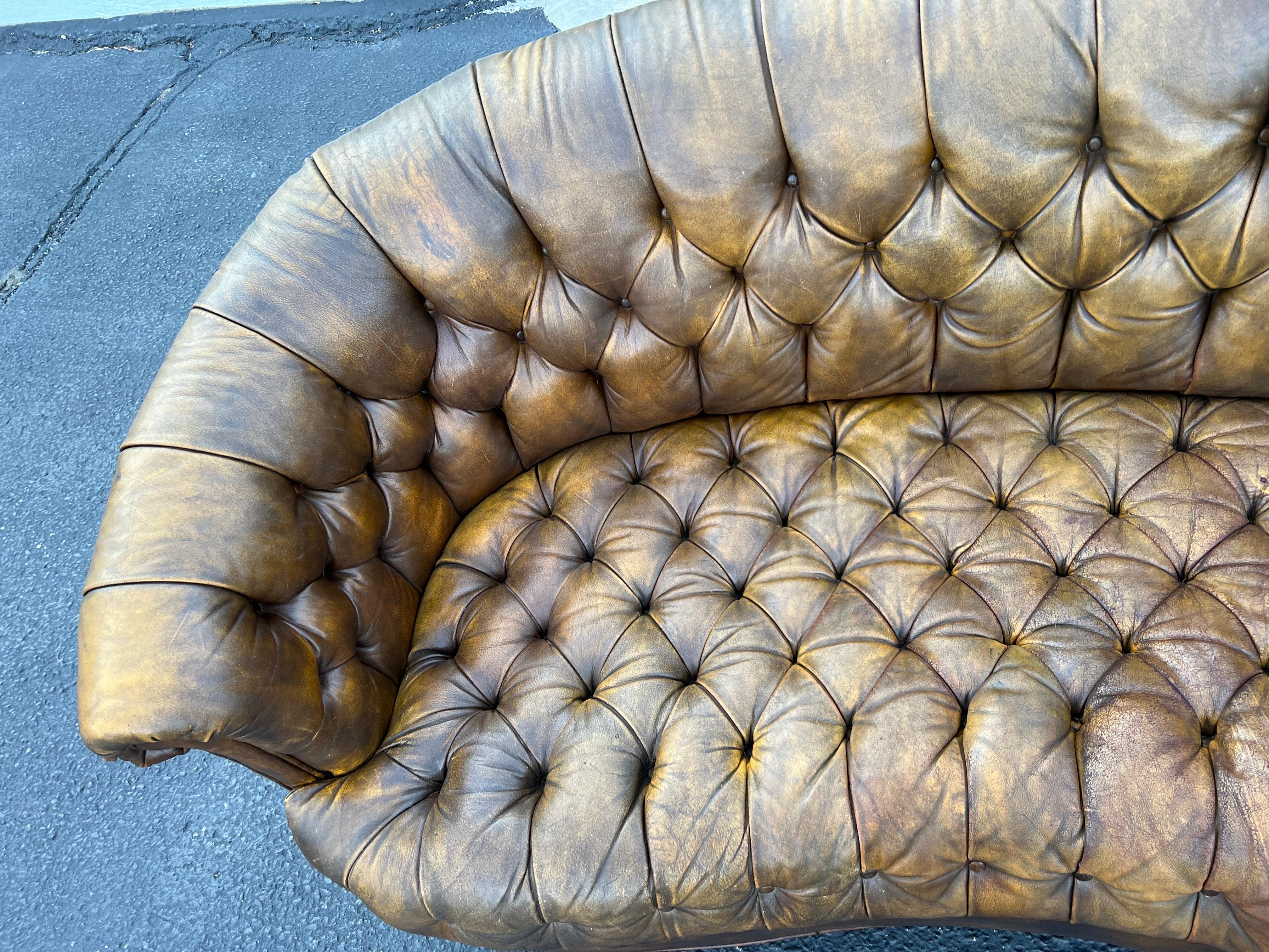 Curved Brown Leather Chesterfield Sofa 10