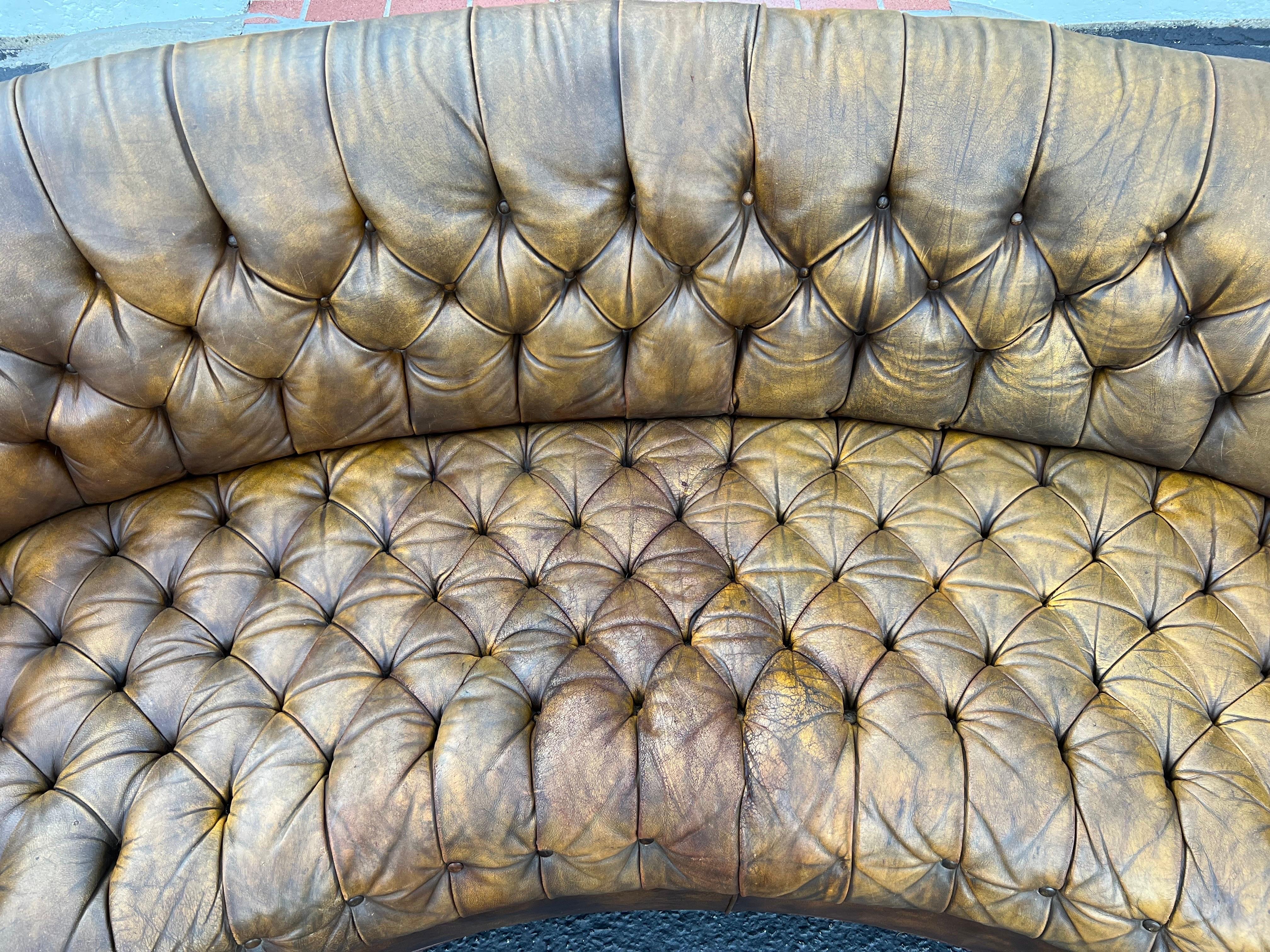 Curved Brown Leather Chesterfield Sofa 11