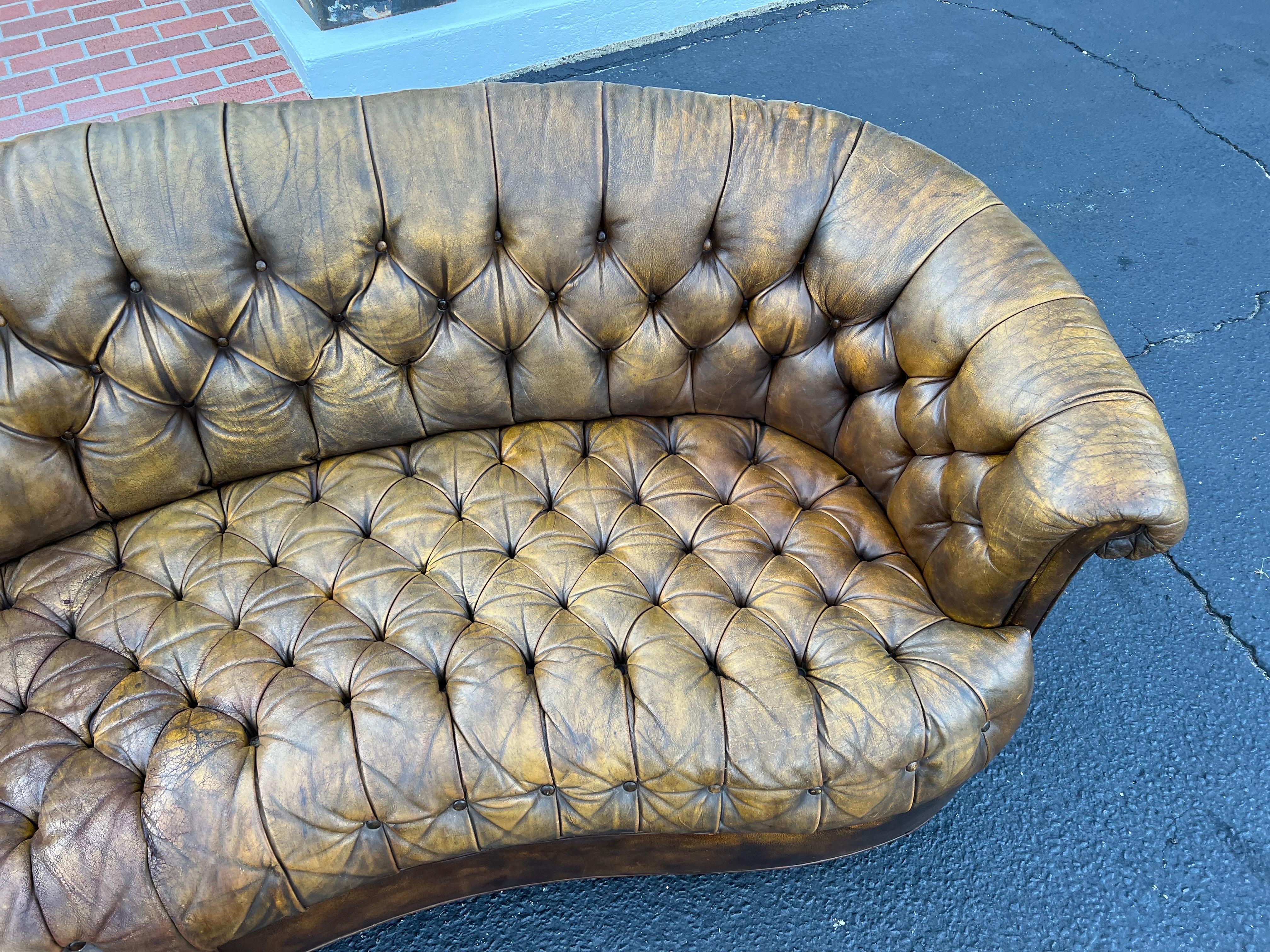Curved Brown Leather Chesterfield Sofa 12