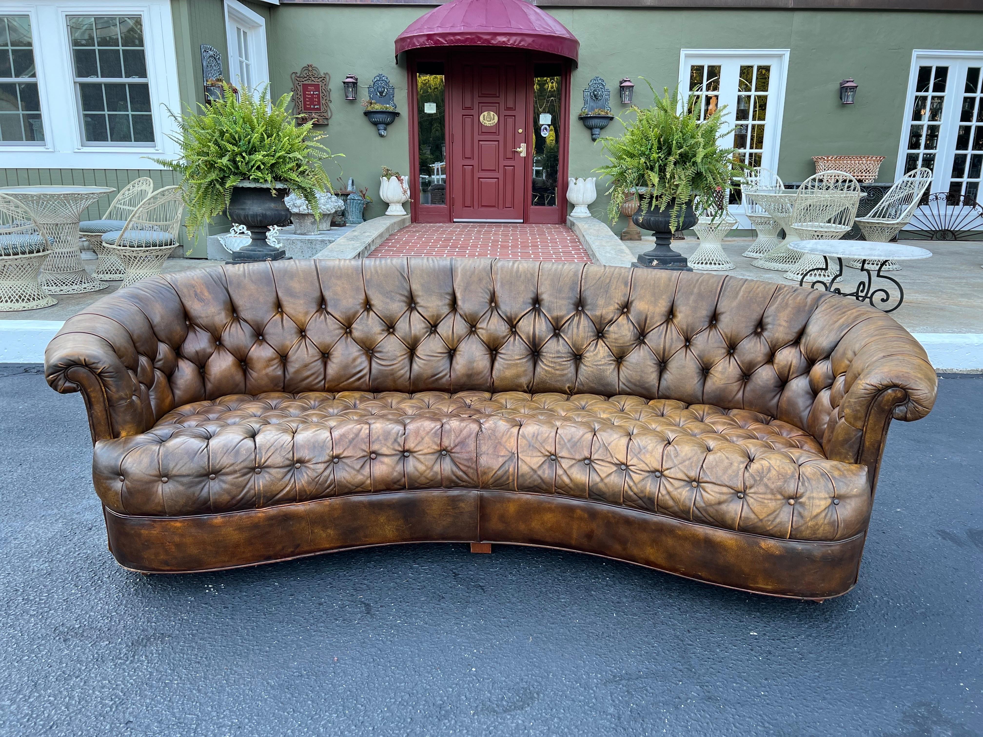 Curved Brown Leather Chesterfield Sofa In Good Condition In Redding, CT