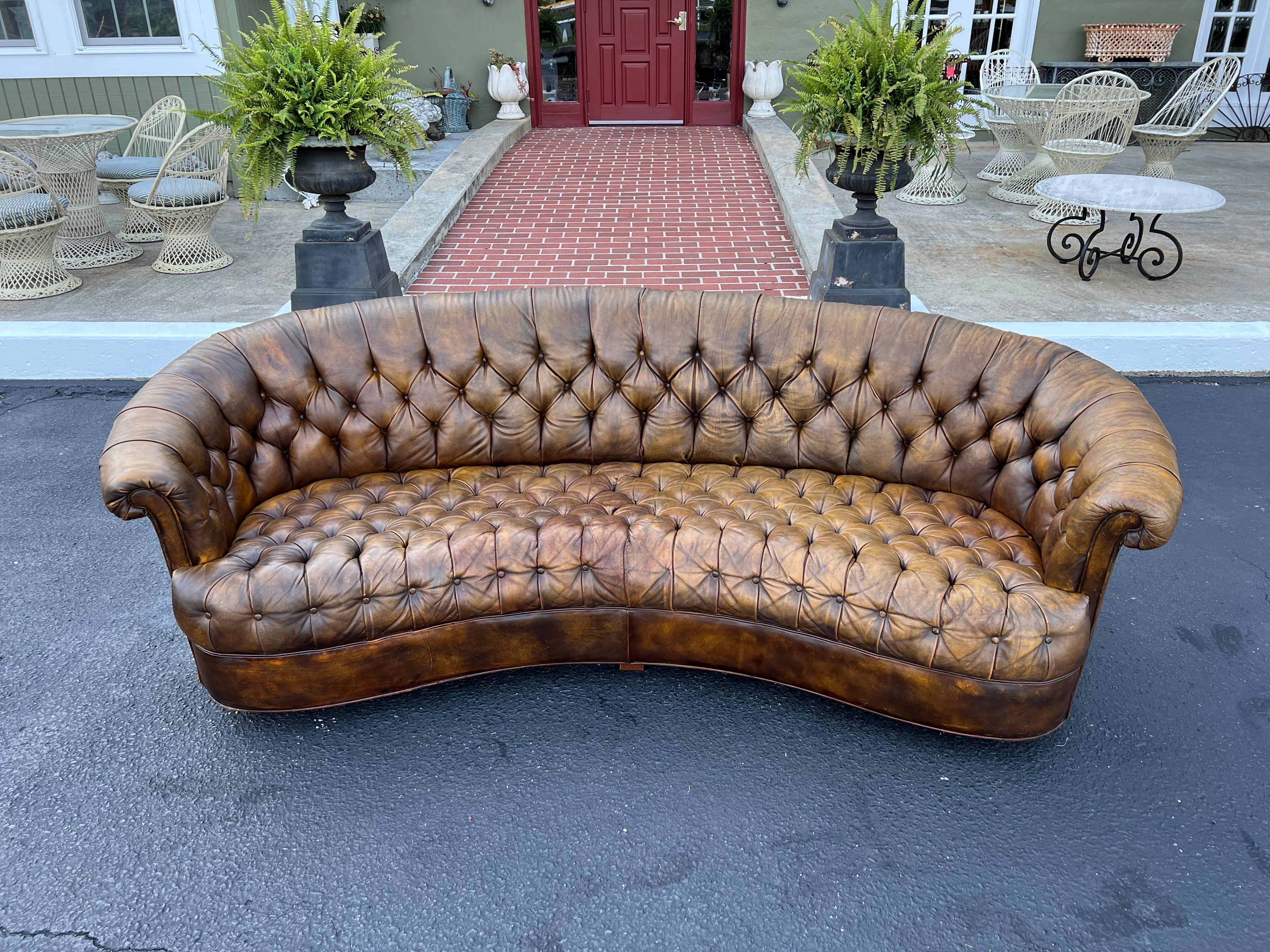 20th Century Curved Brown Leather Chesterfield Sofa