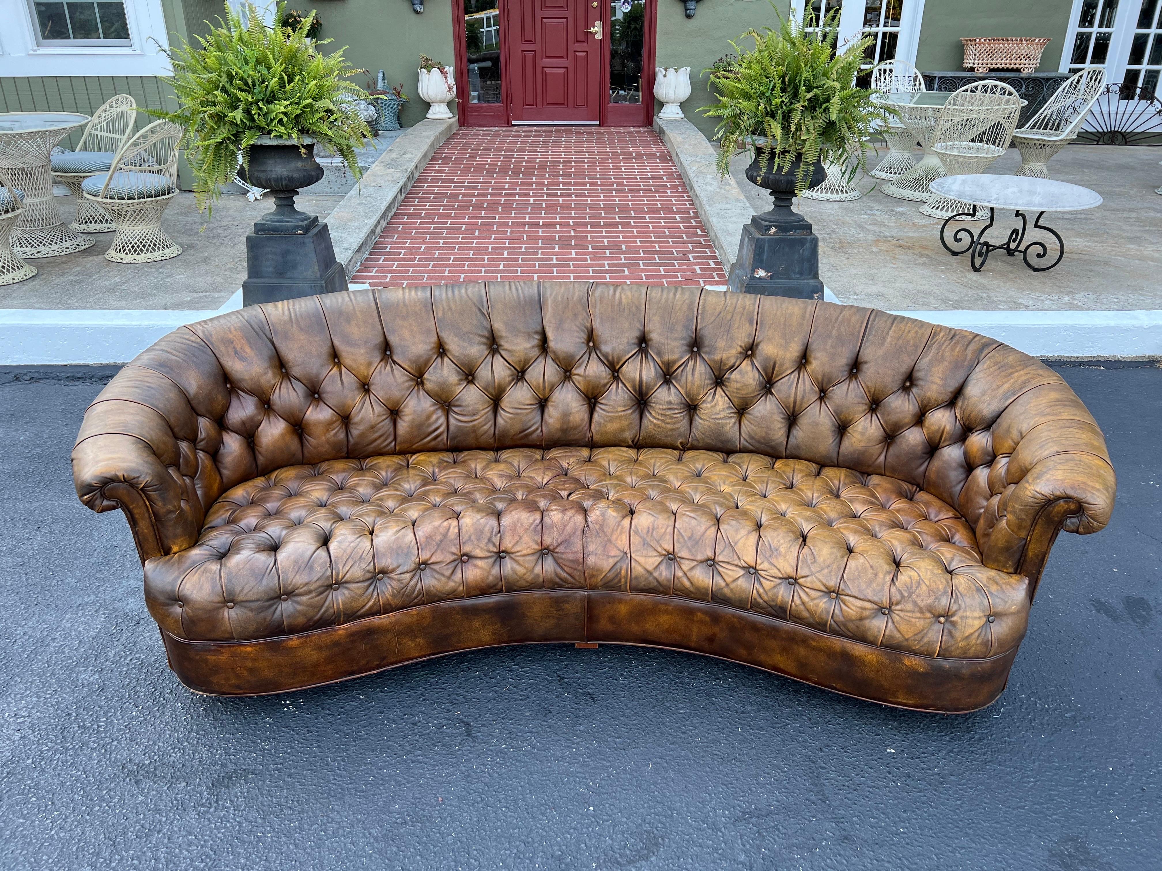 Curved Brown Leather Chesterfield Sofa 1
