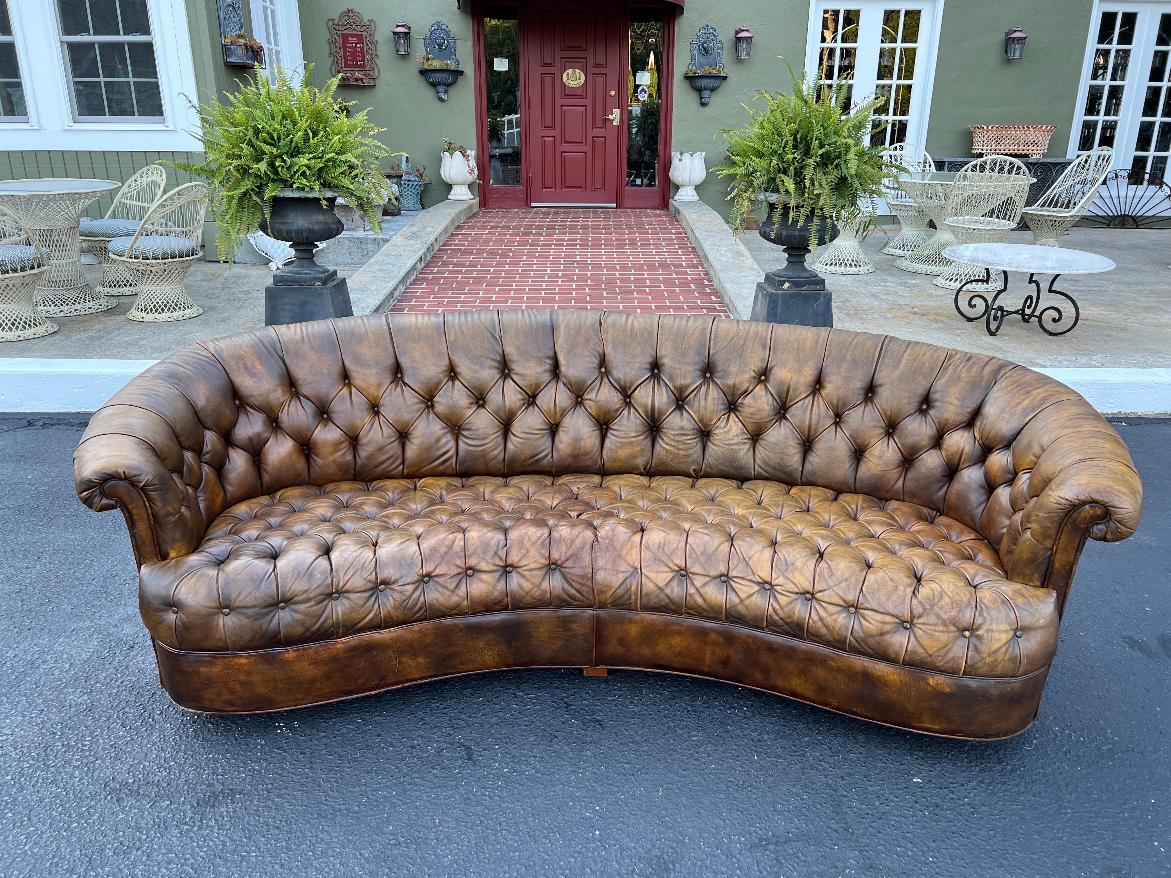 Curved Brown Leather Chesterfield Sofa 2