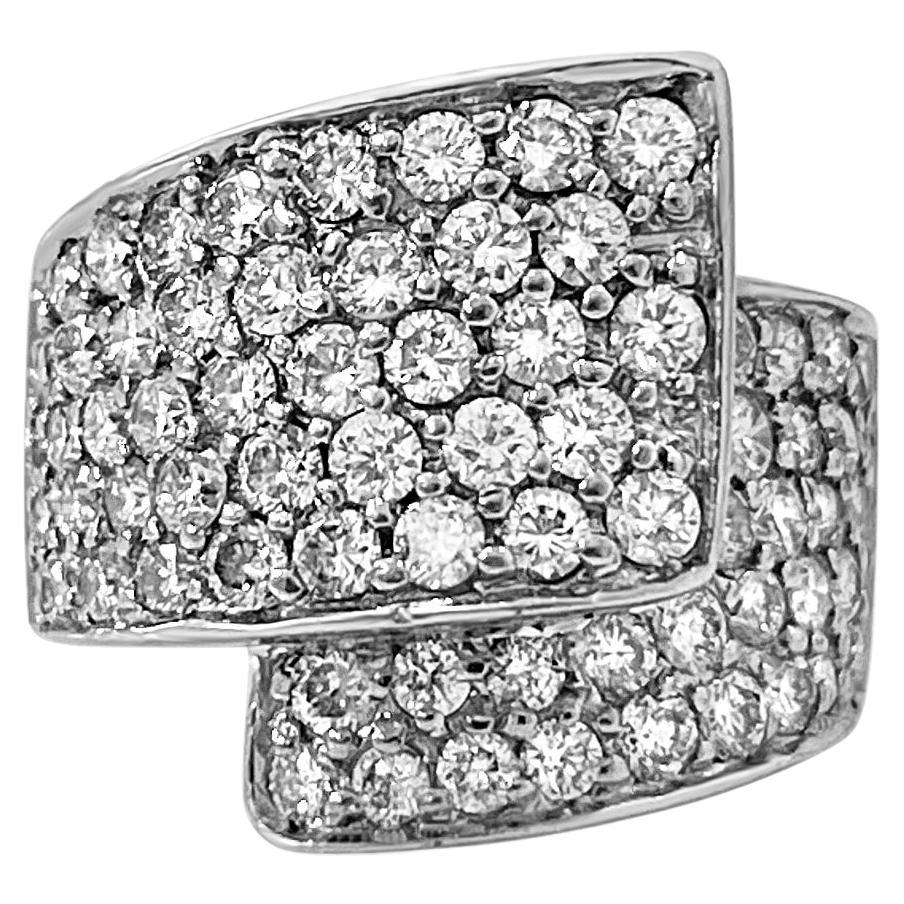 Curved Bypass Natural Round Diamond Pave Overlap Ring in 14k White Gold For Sale