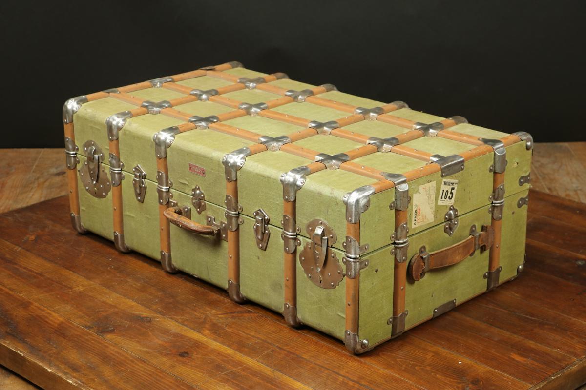 Metal Curved Cabin Trunk with Cross Wood, 1920s