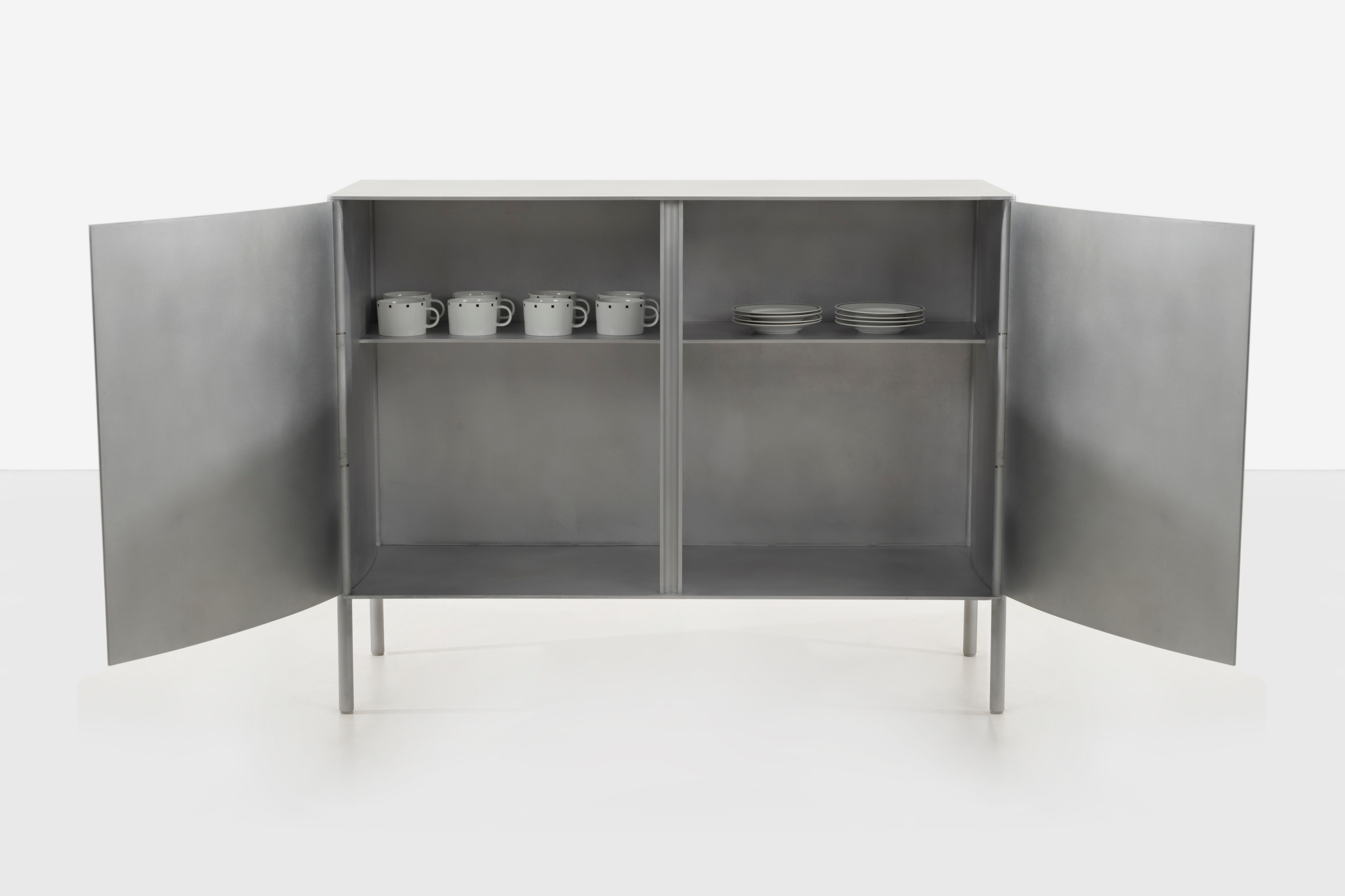 Curved Cabinet by Jonathan Nesci in Rolled and Machined Waxed Aluminum For Sale 1