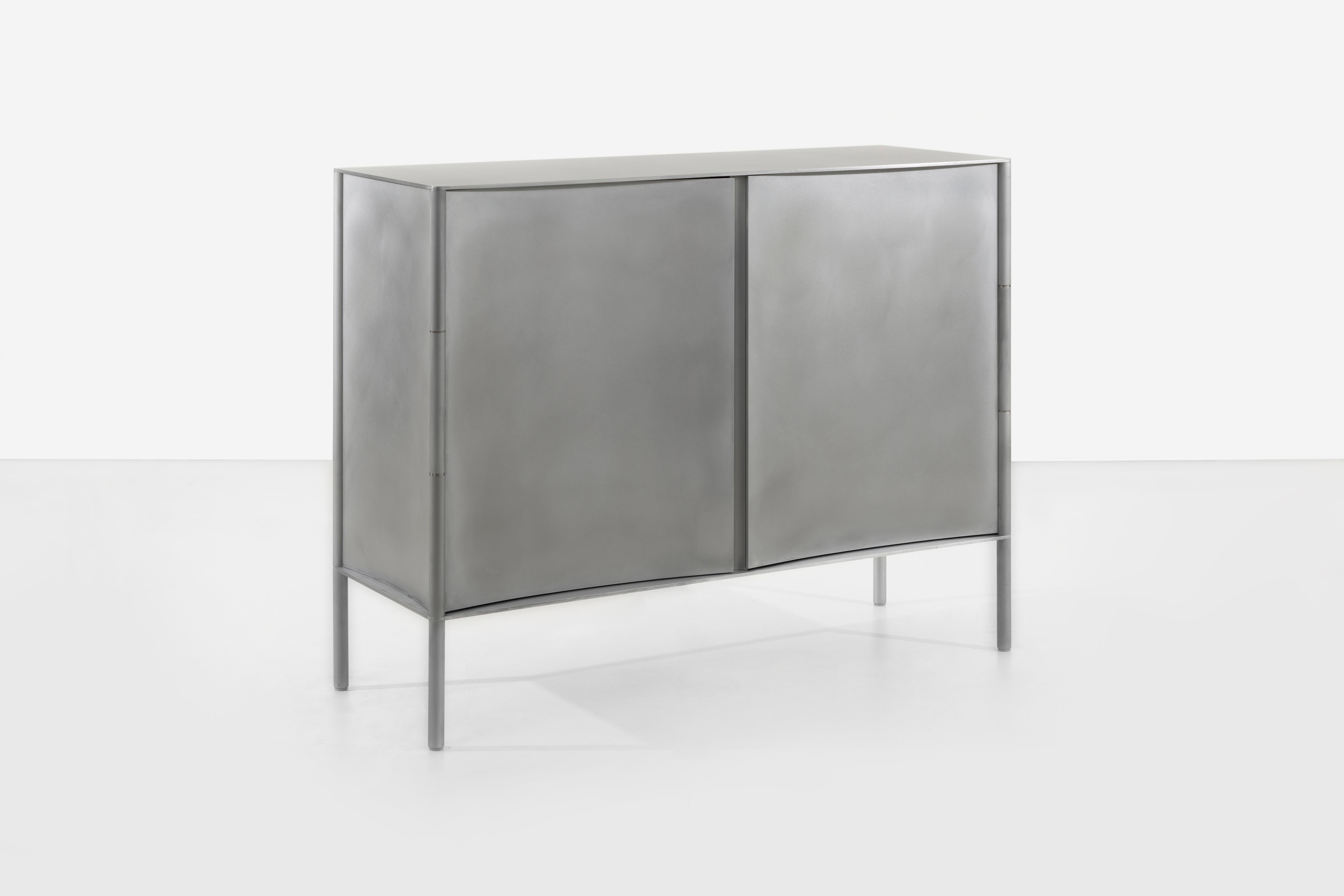 Minimalist Curved Cabinet by Jonathan Nesci in Rolled and Machined Waxed Aluminum For Sale