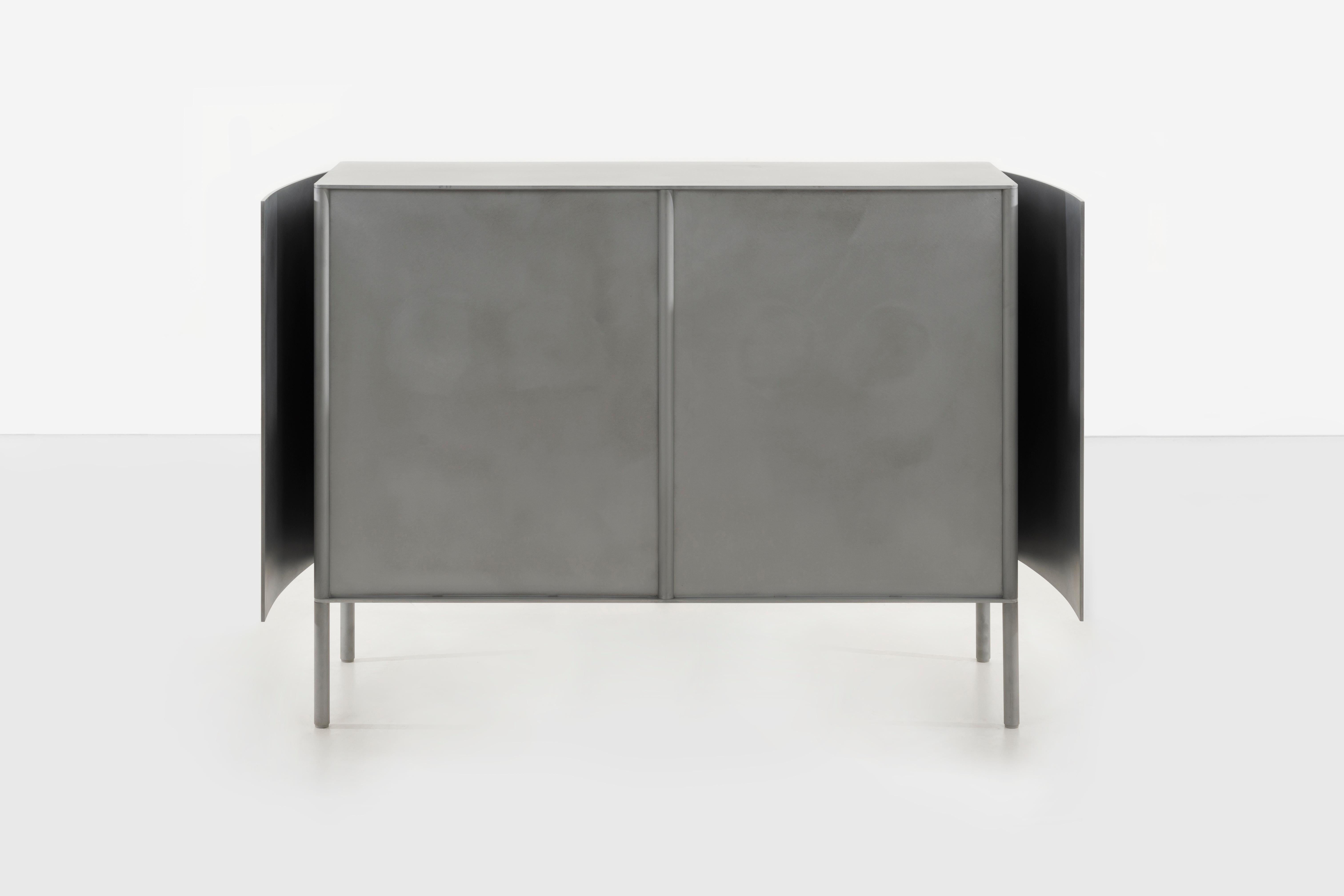 Polished Curved Cabinet by Jonathan Nesci in Rolled and Machined Waxed Aluminum For Sale