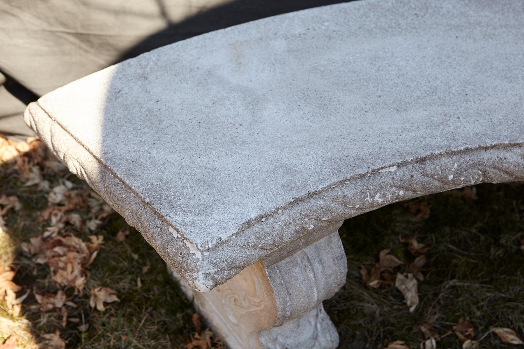 Curved Cast Stone Bench on Scrolled Leaves Base, circa 1960s, No 4 1